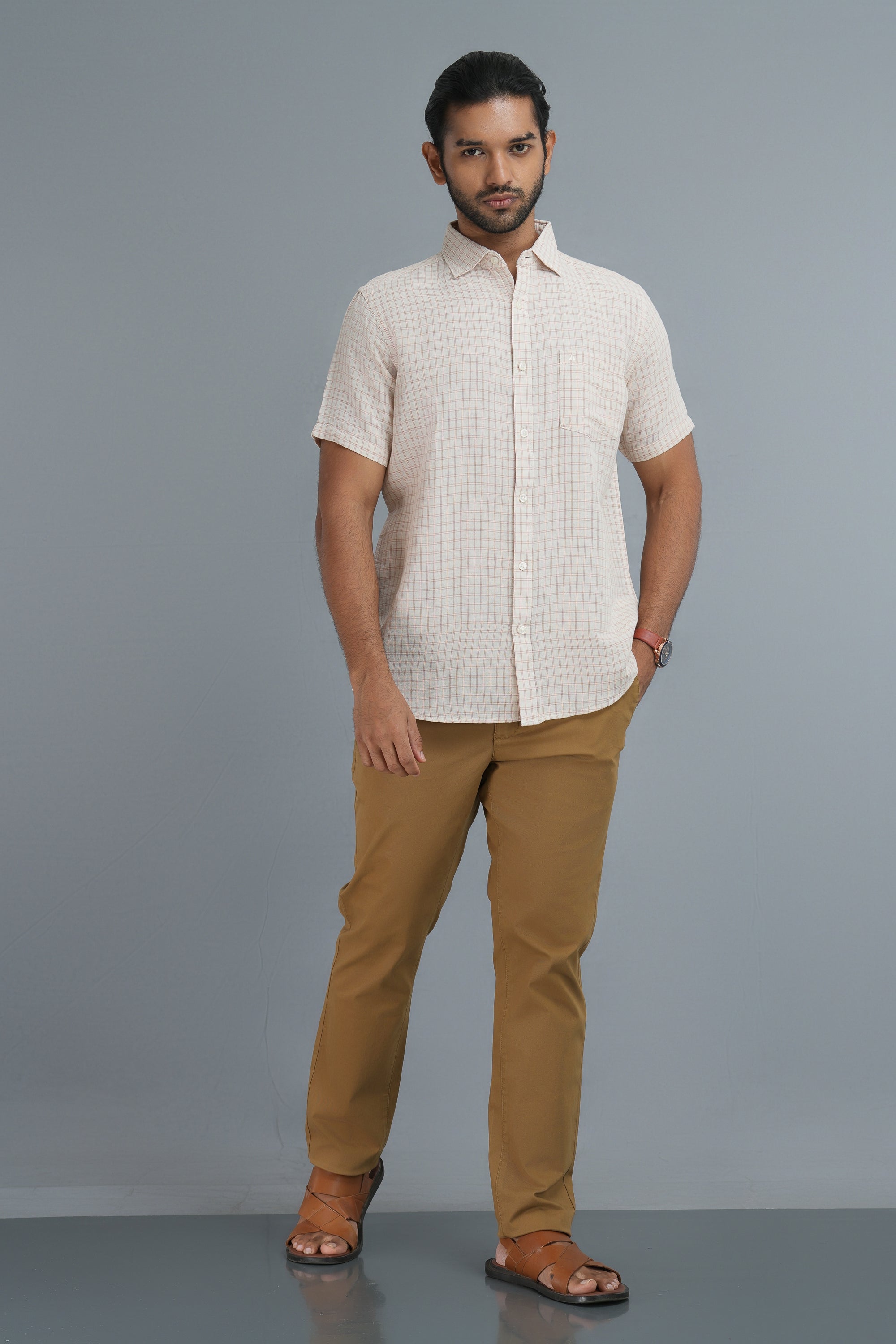 Linen Cotton Checks Shirt - Beige