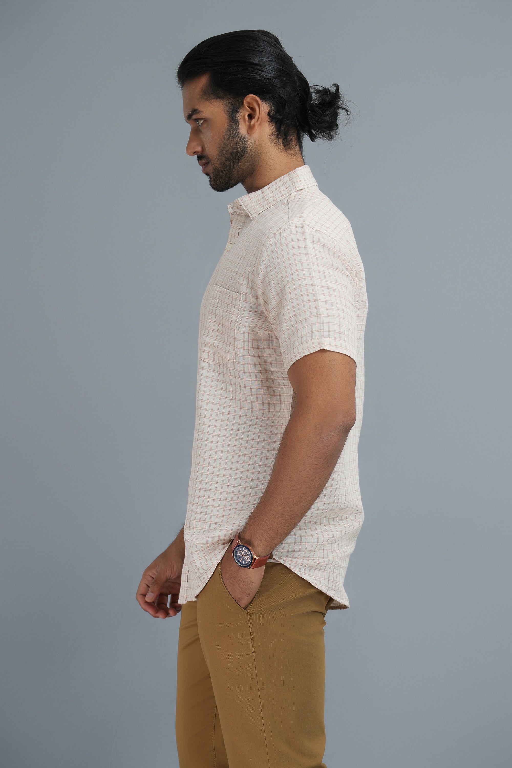 Linen Cotton Checks Shirt - Beige