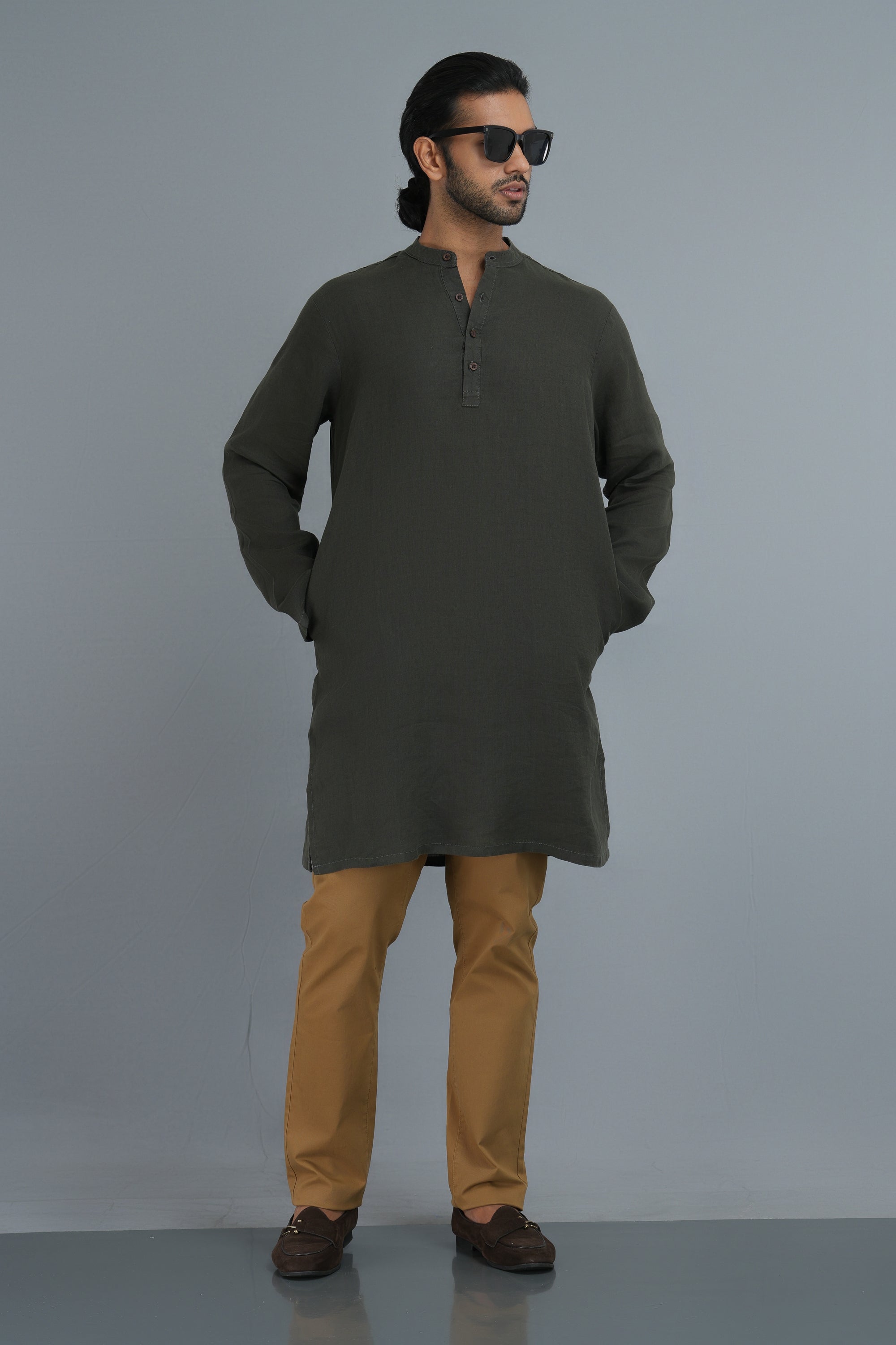 Premium Linen-Hemp Kurtha - Olive