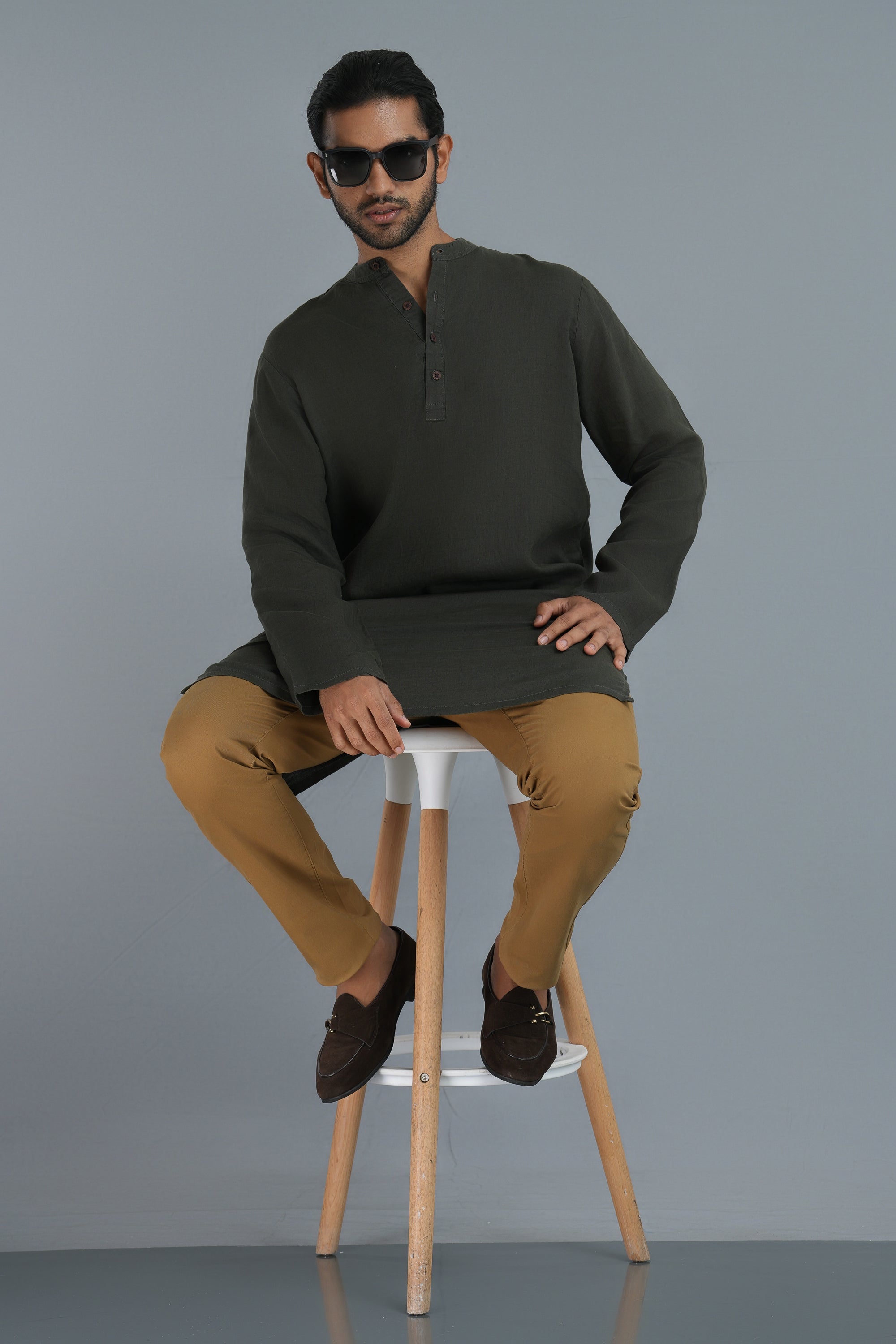 Premium Linen-Hemp Kurtha - Olive