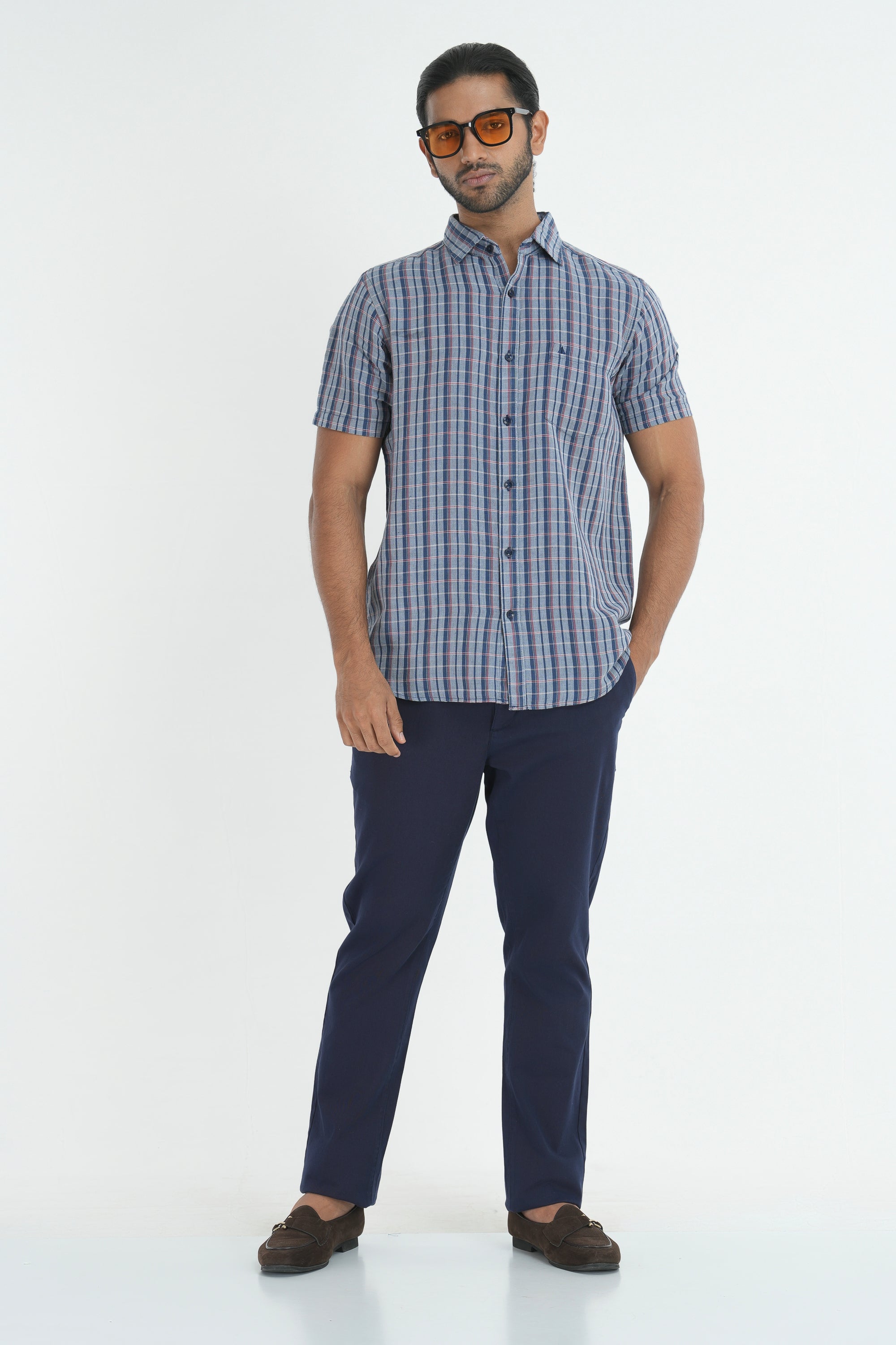 Linen Cotton Checks Shirt - Dark Grey