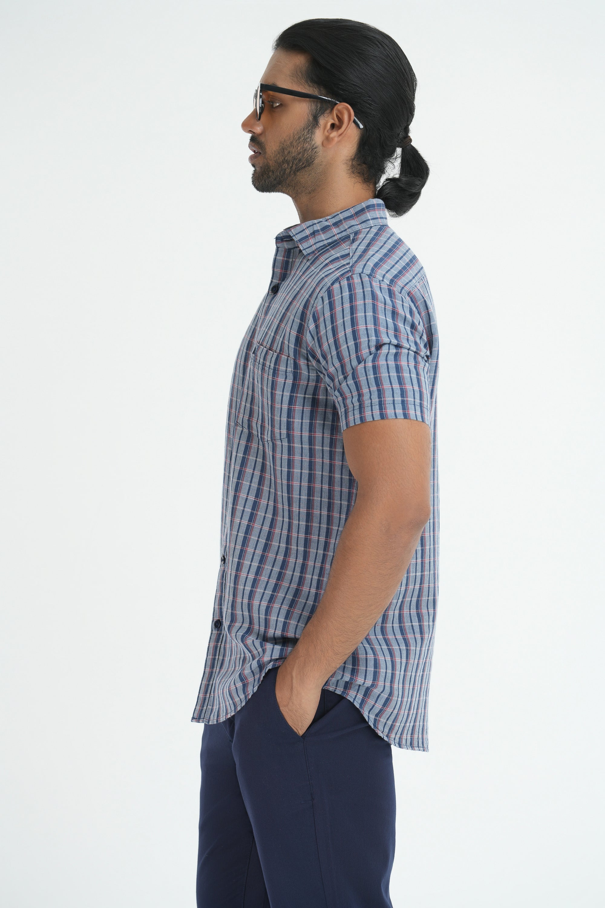 Linen Cotton Checks Shirt - Dark Grey