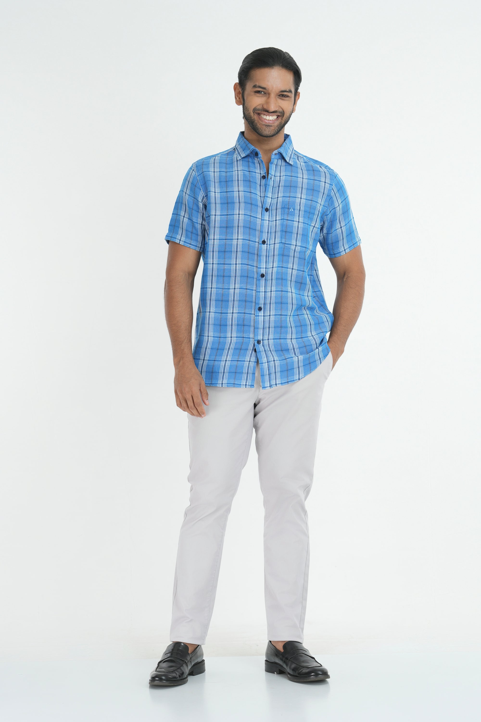 Linen Cotton Checks Shirt - Medium Blue
