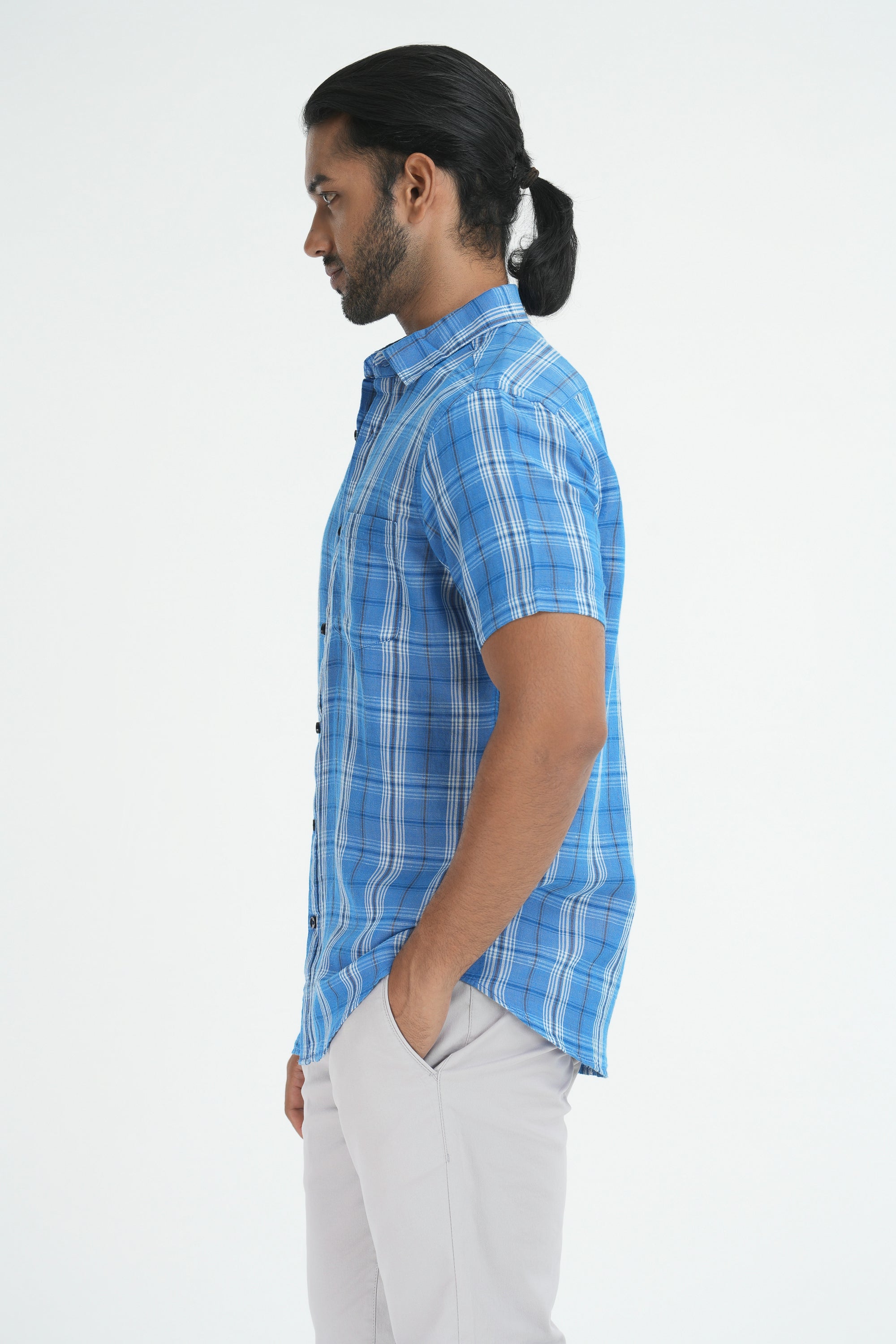 Linen Cotton Checks Shirt - Medium Blue