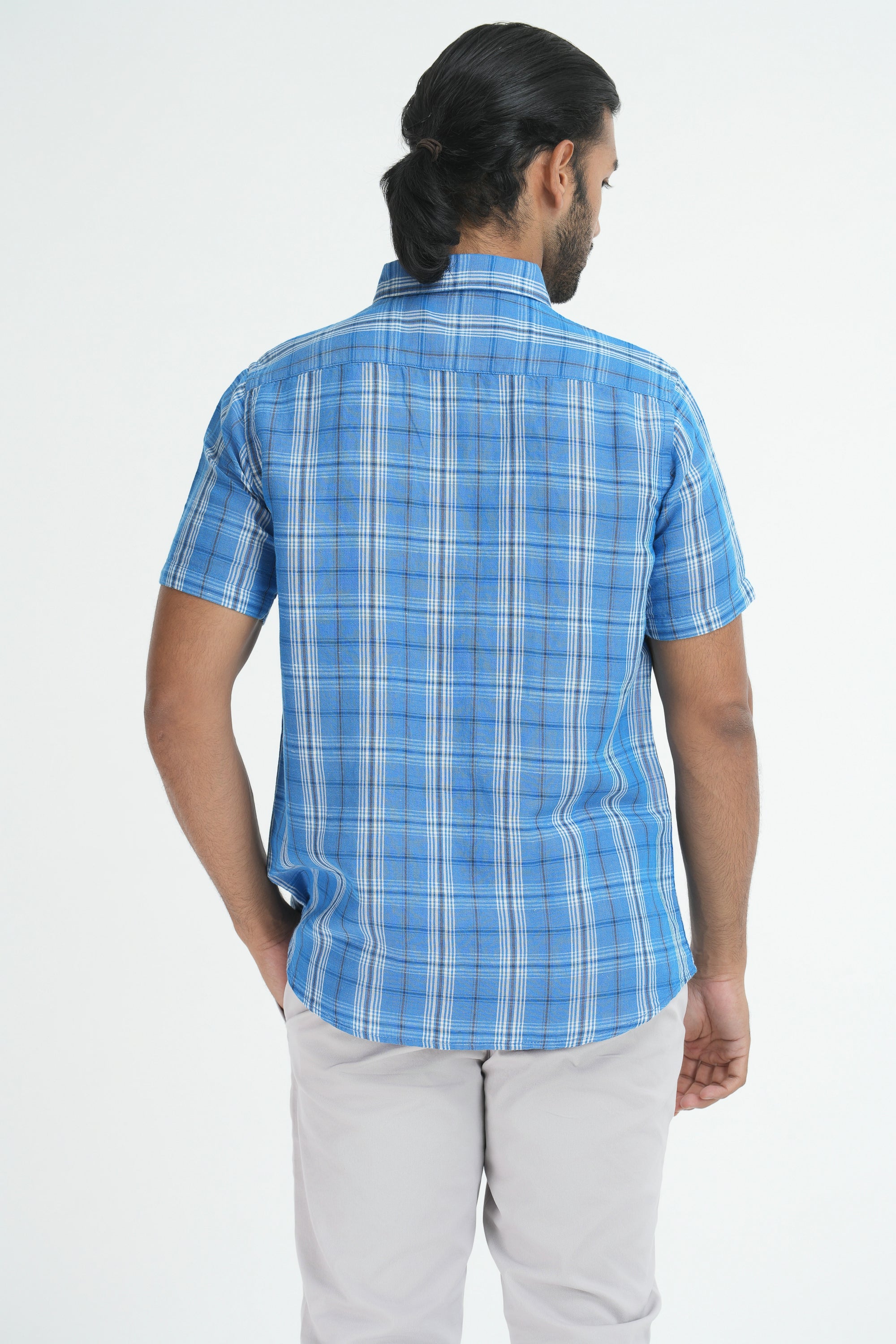 Linen Cotton Checks Shirt - Medium Blue