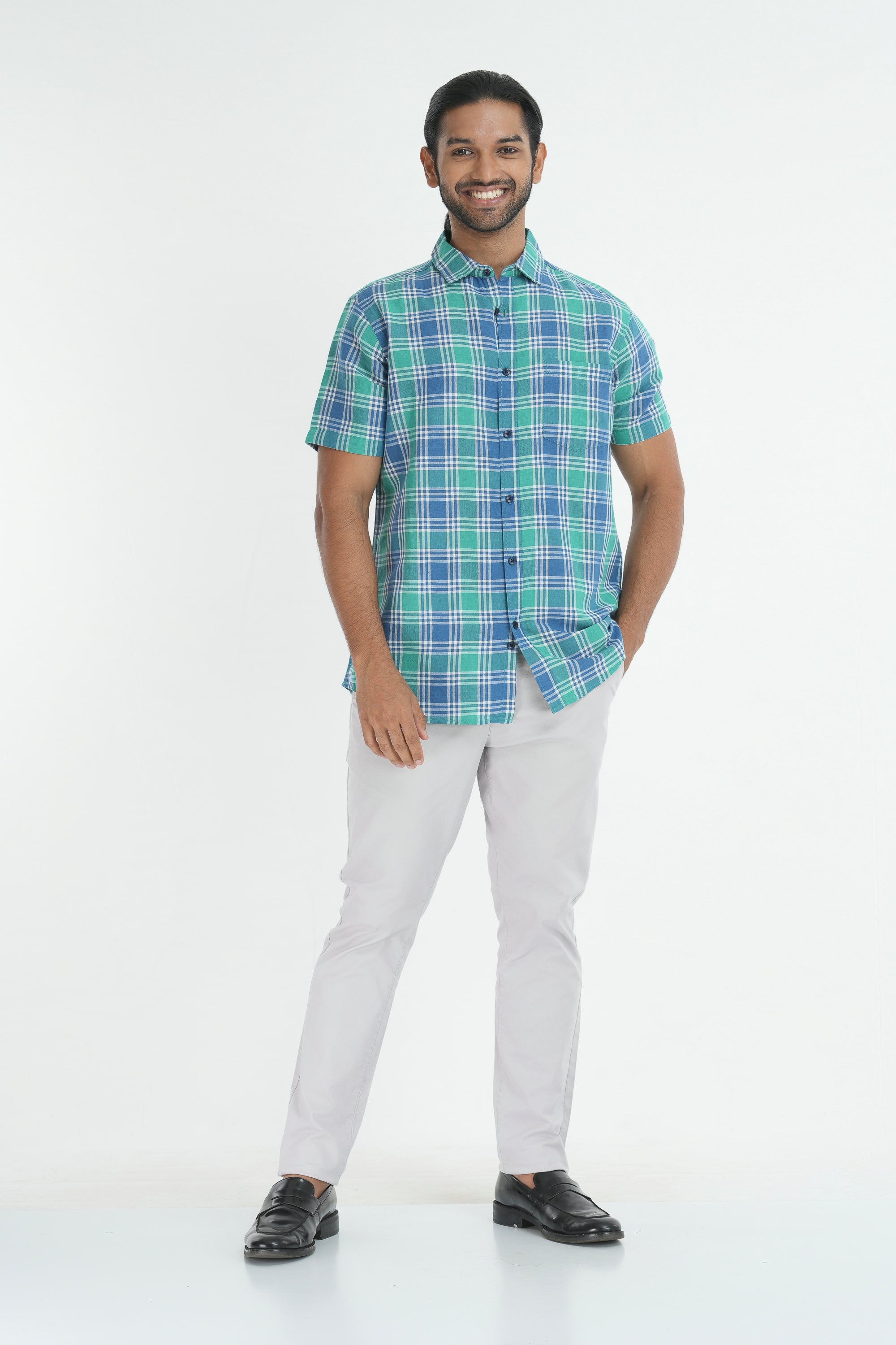 Linen Cotton Checks Shirt - Green/Blue