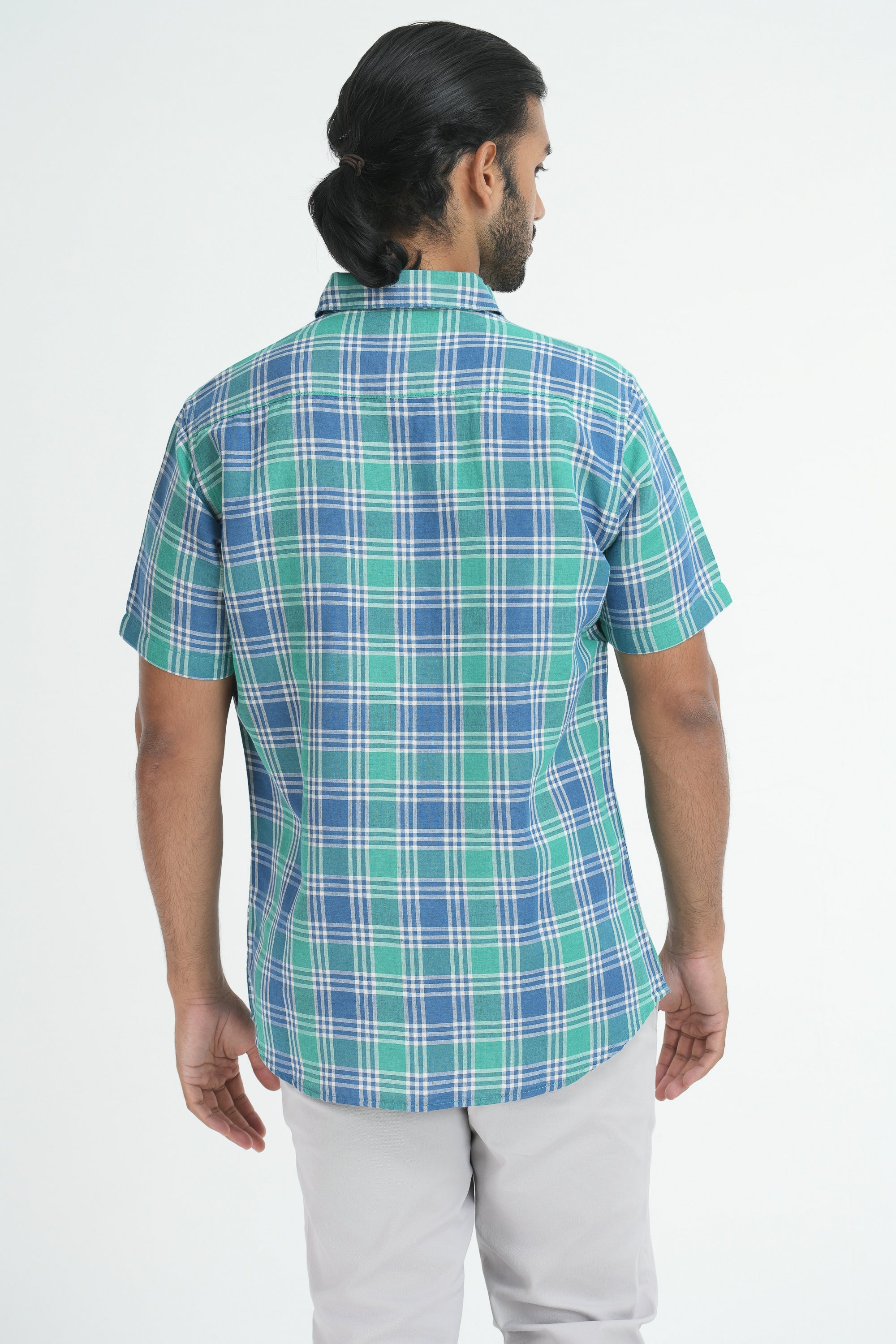 Linen Cotton Checks Shirt - Green/Blue