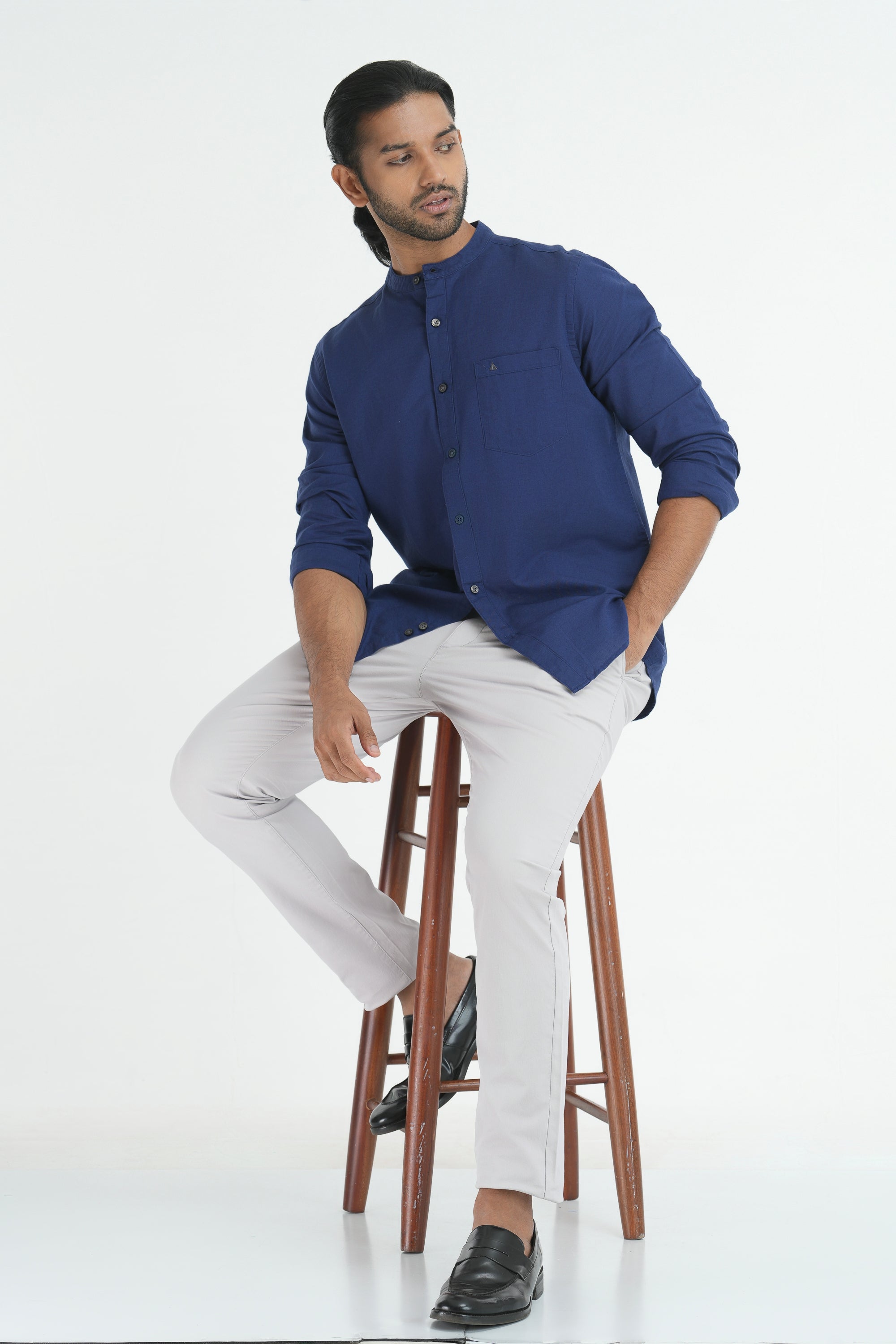 Linen Cotton Full Sleeve Chinese collar - Navy