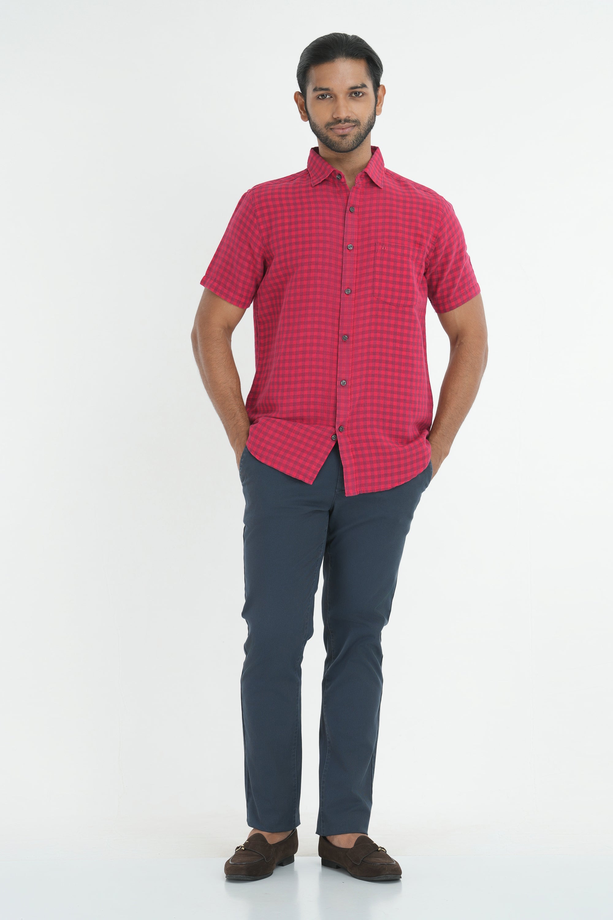 Linen Cotton Checks Shirt - Neon Pink