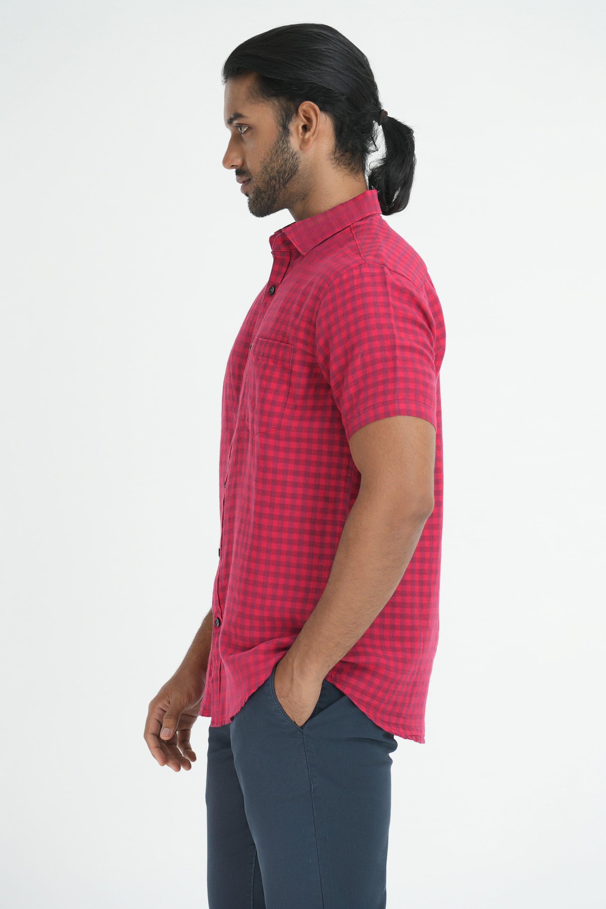 Linen Cotton Checks Shirt - Neon Pink