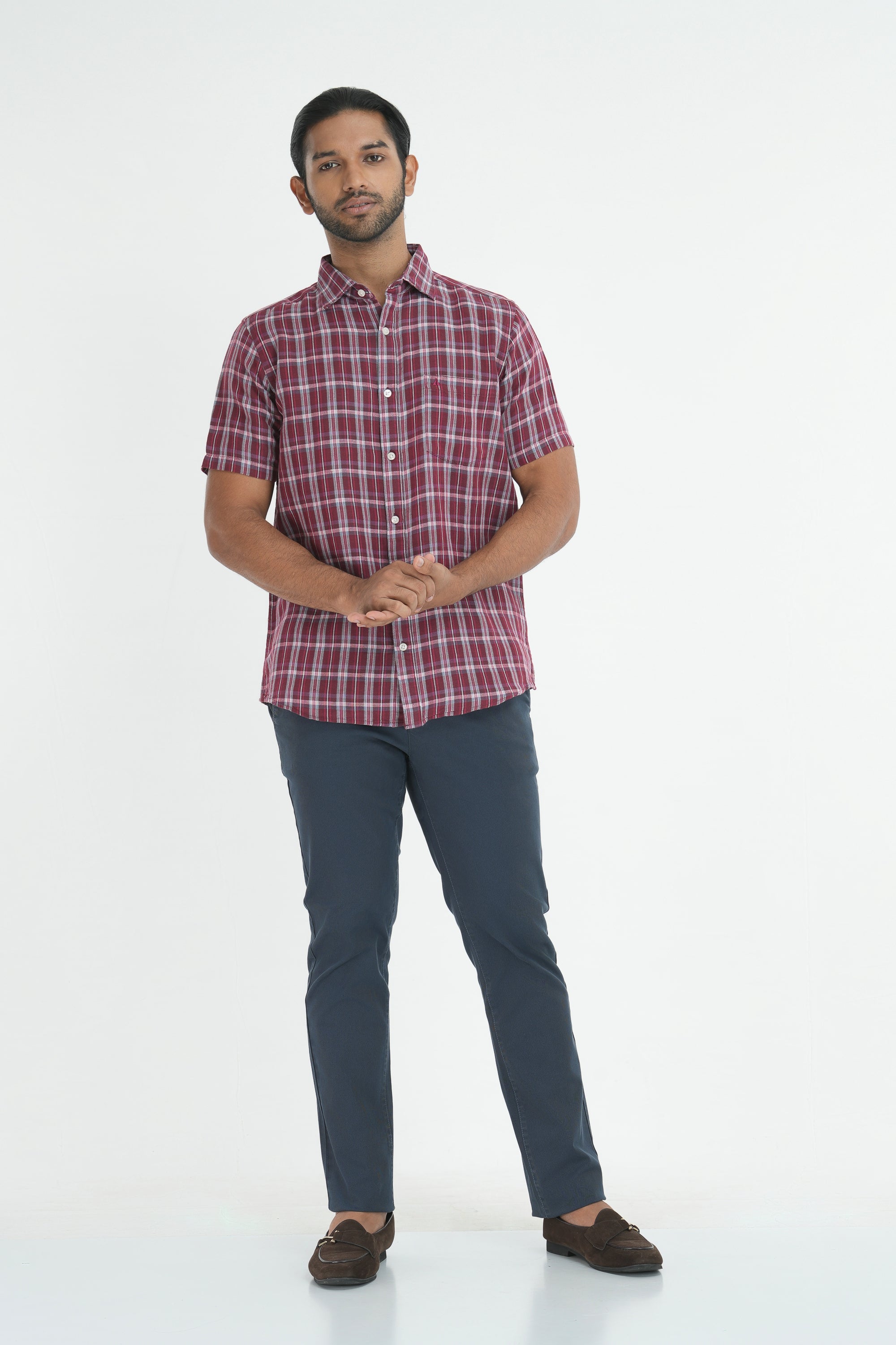 Linen Cotton Checks Shirt - Maroon