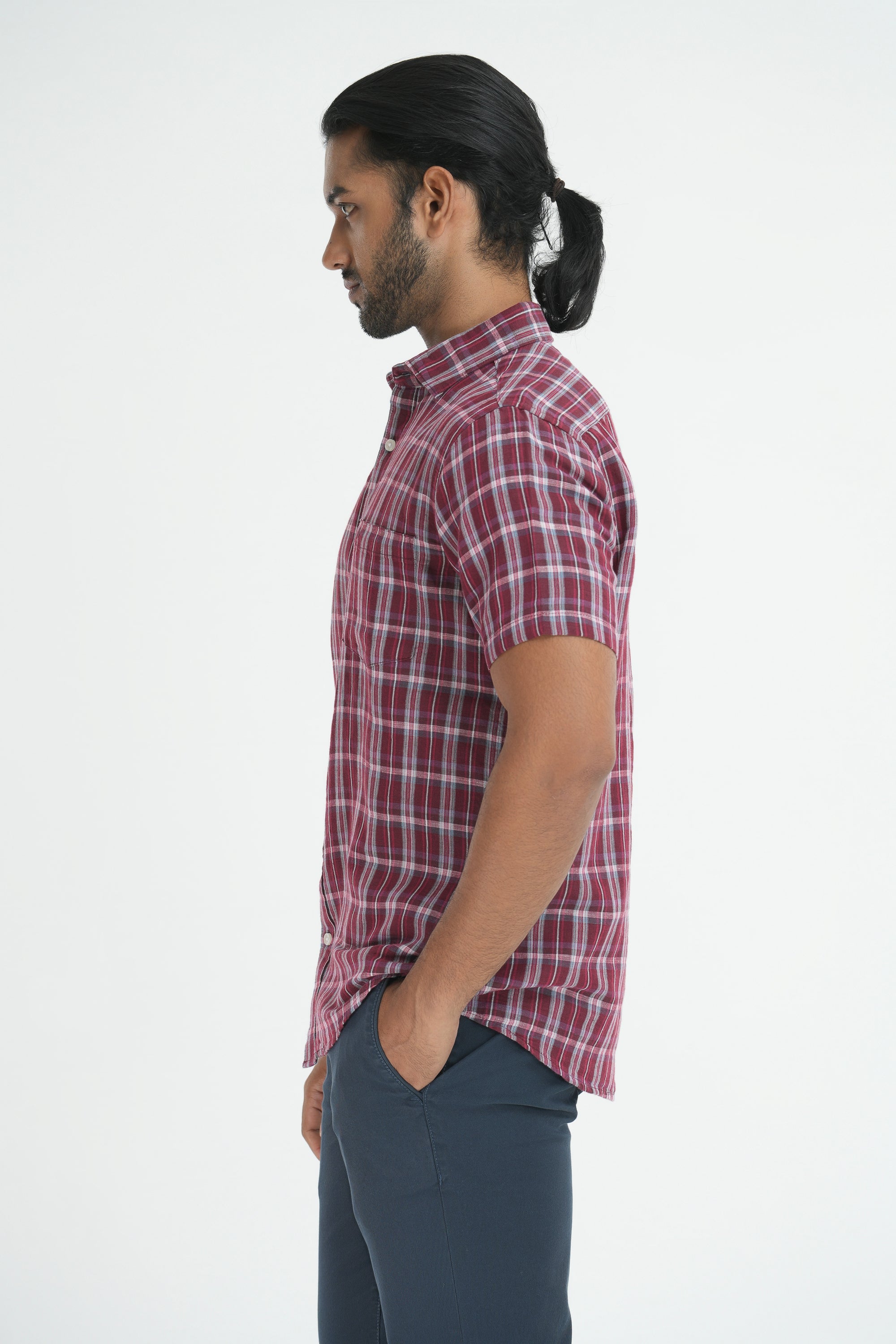Linen Cotton Checks Shirt - Maroon