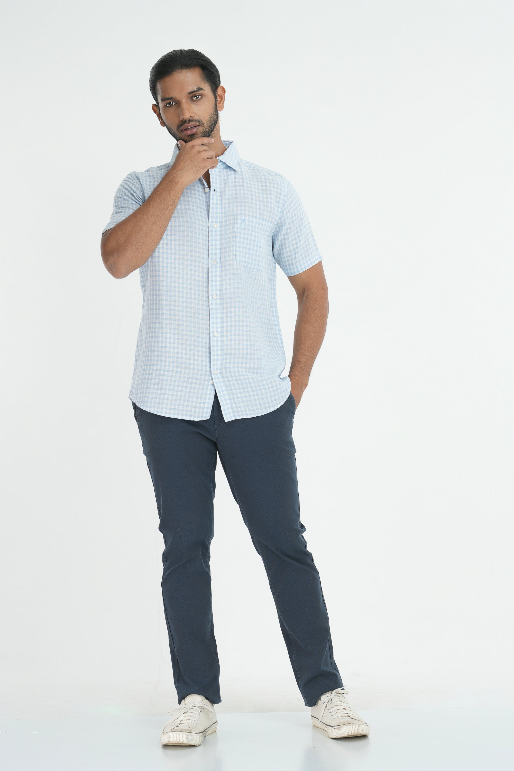 Linen Cotton Checks Shirt - Sky Blue