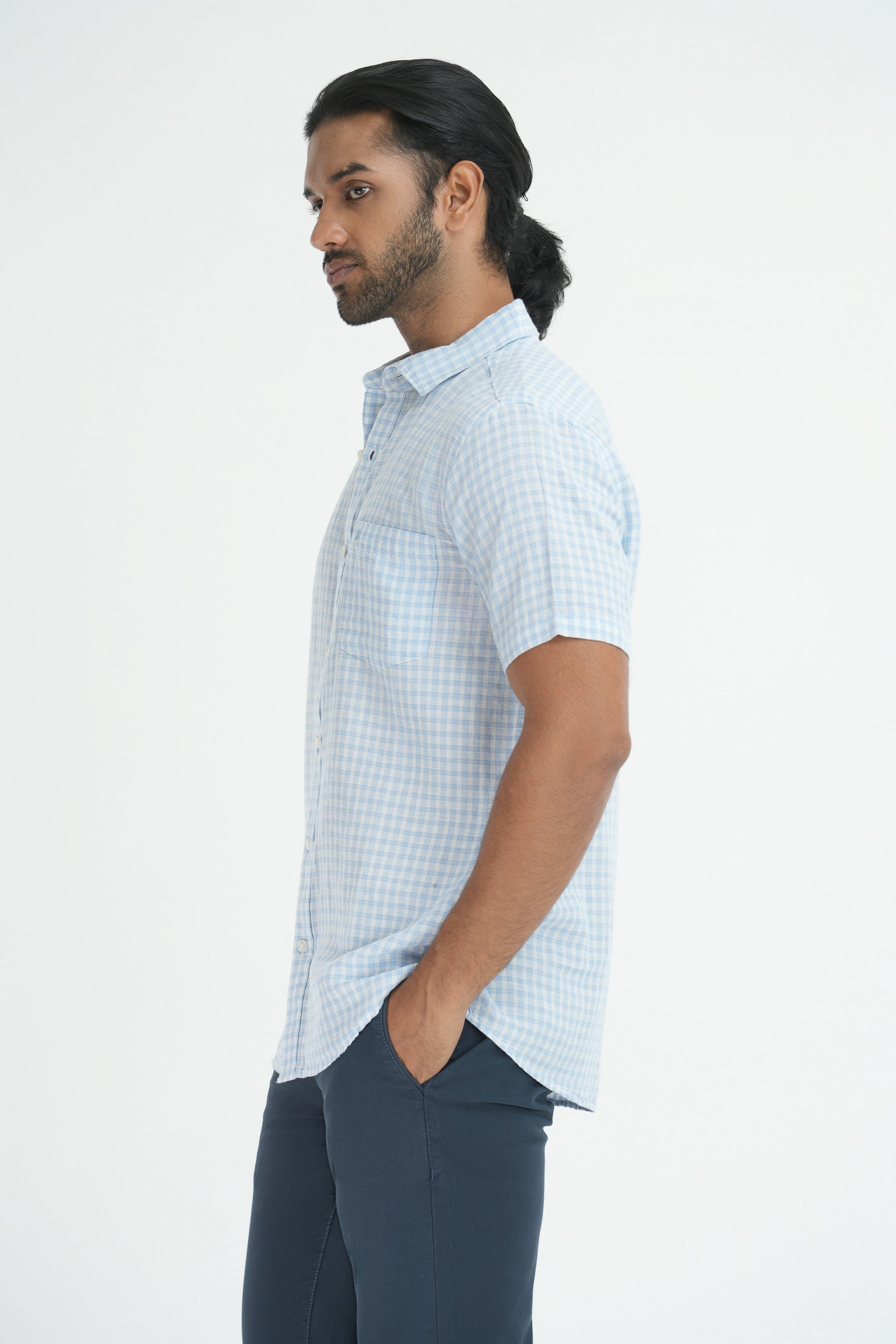 Linen Cotton Checks Shirt - Sky Blue