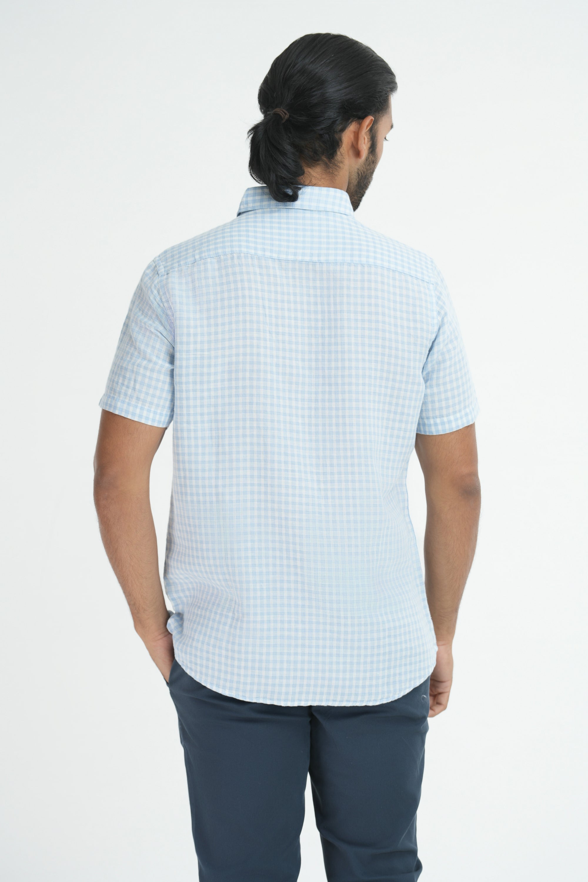 Linen Cotton Checks Shirt - Sky Blue