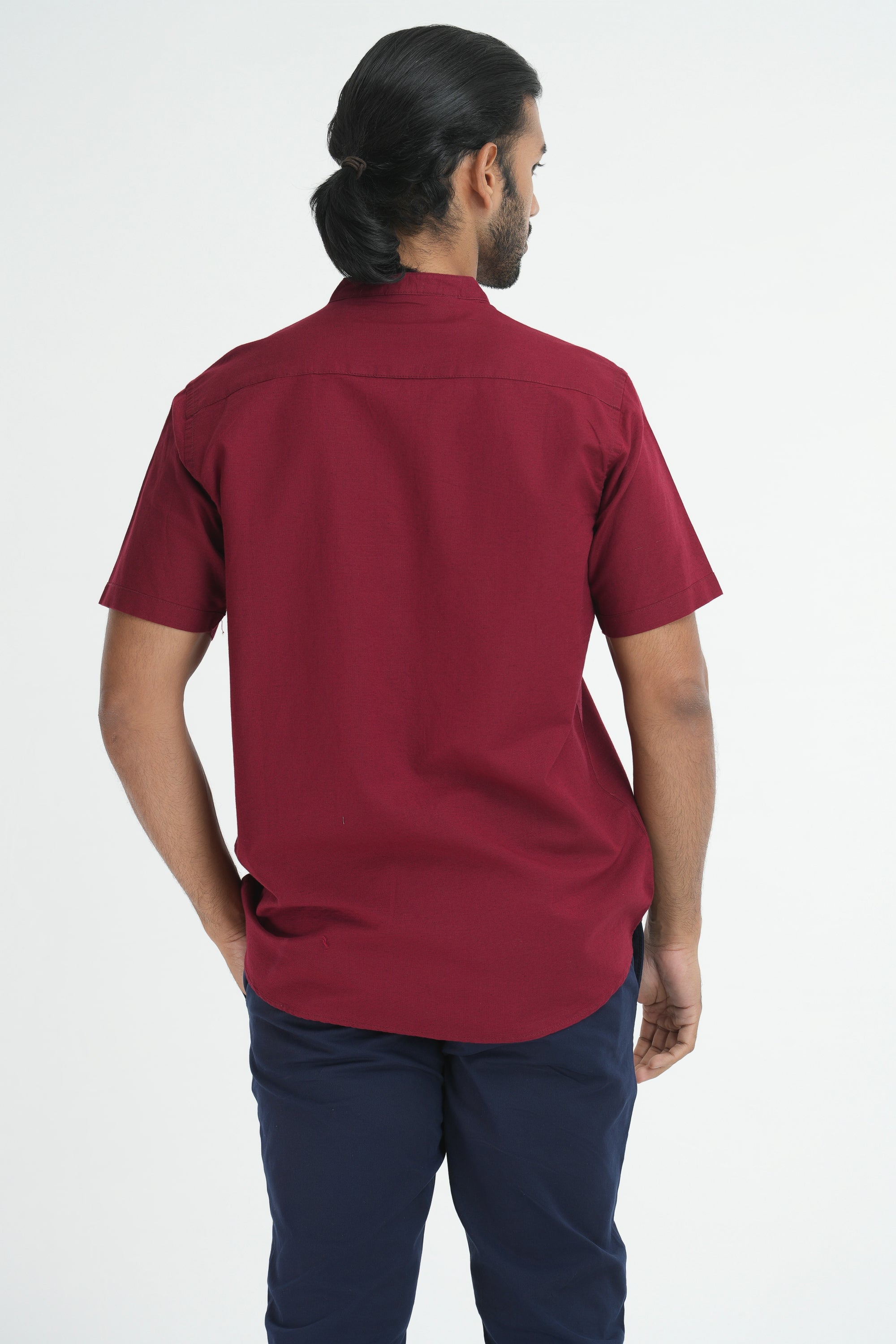 Classic Linen Cotton Mandarin Collar Shirt - Red