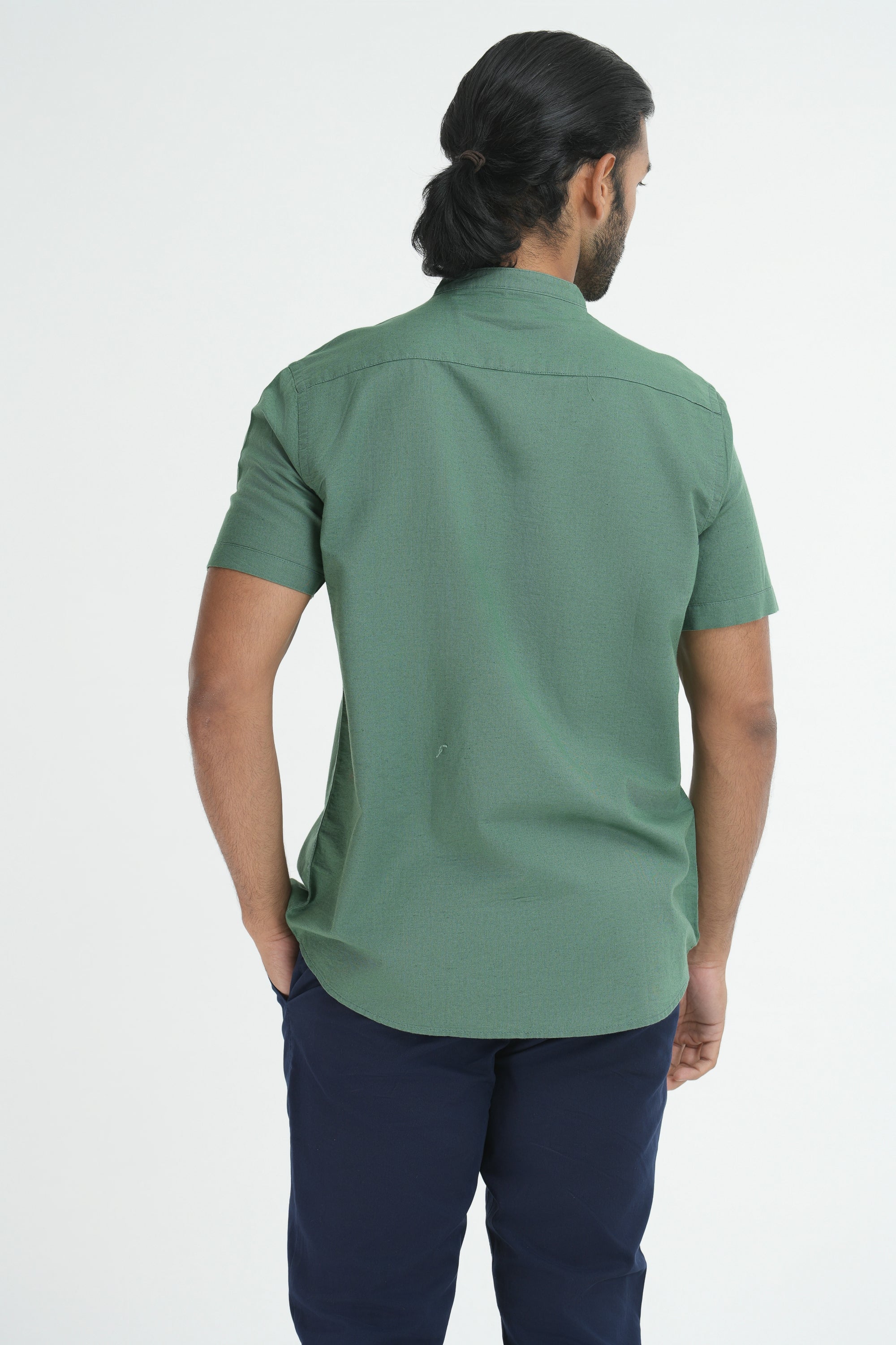 Classic Linen Cotton Mandarin Collar Shirt - Olive
