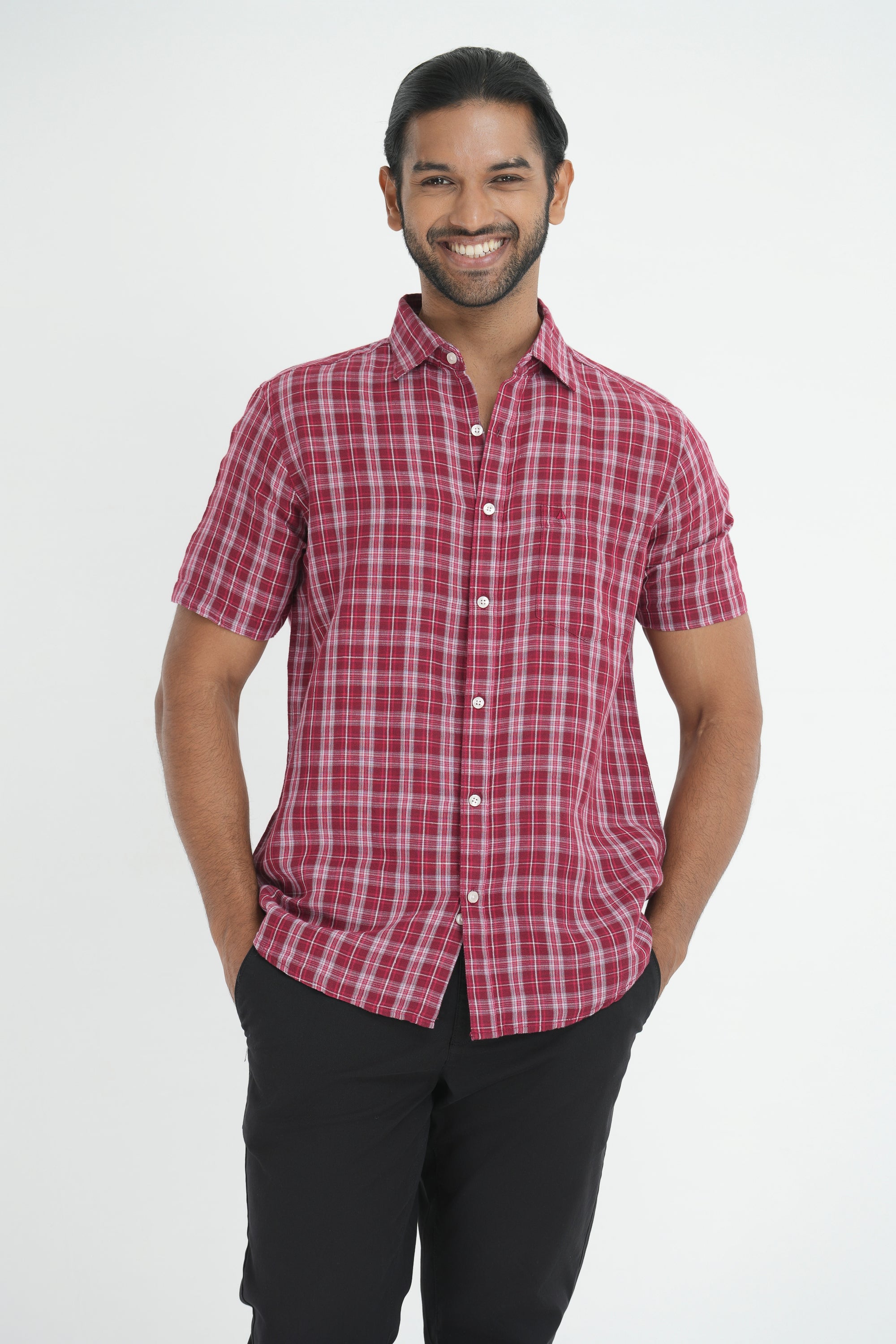 Linen Cotton Checks Shirt - Red & White