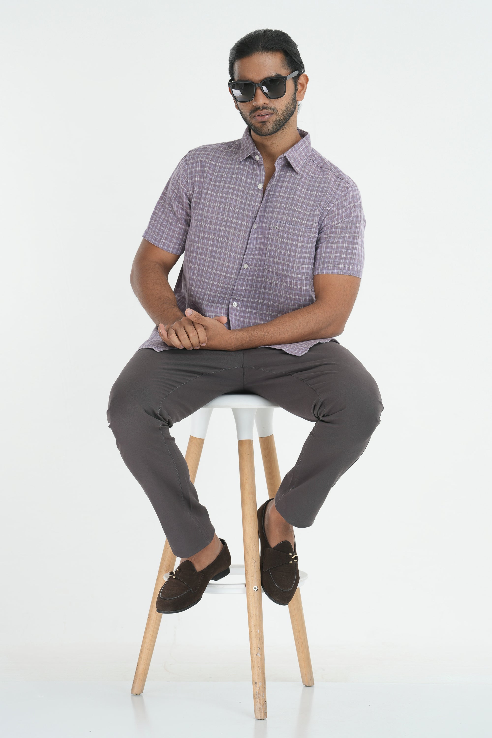 Linen Cotton Checks Shirt - Light Brown