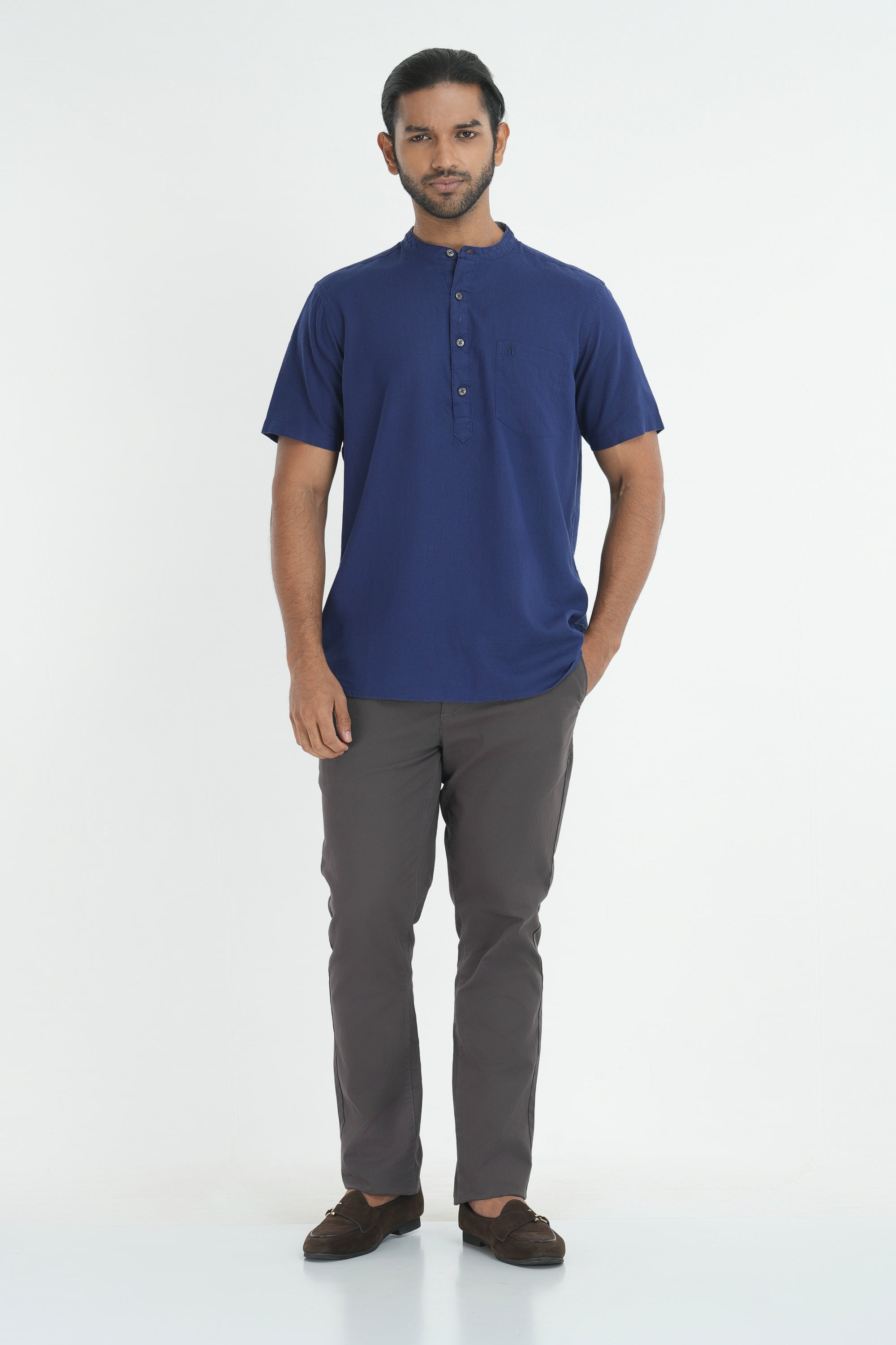 Traditional Linen Cotton Kurta - Indigo