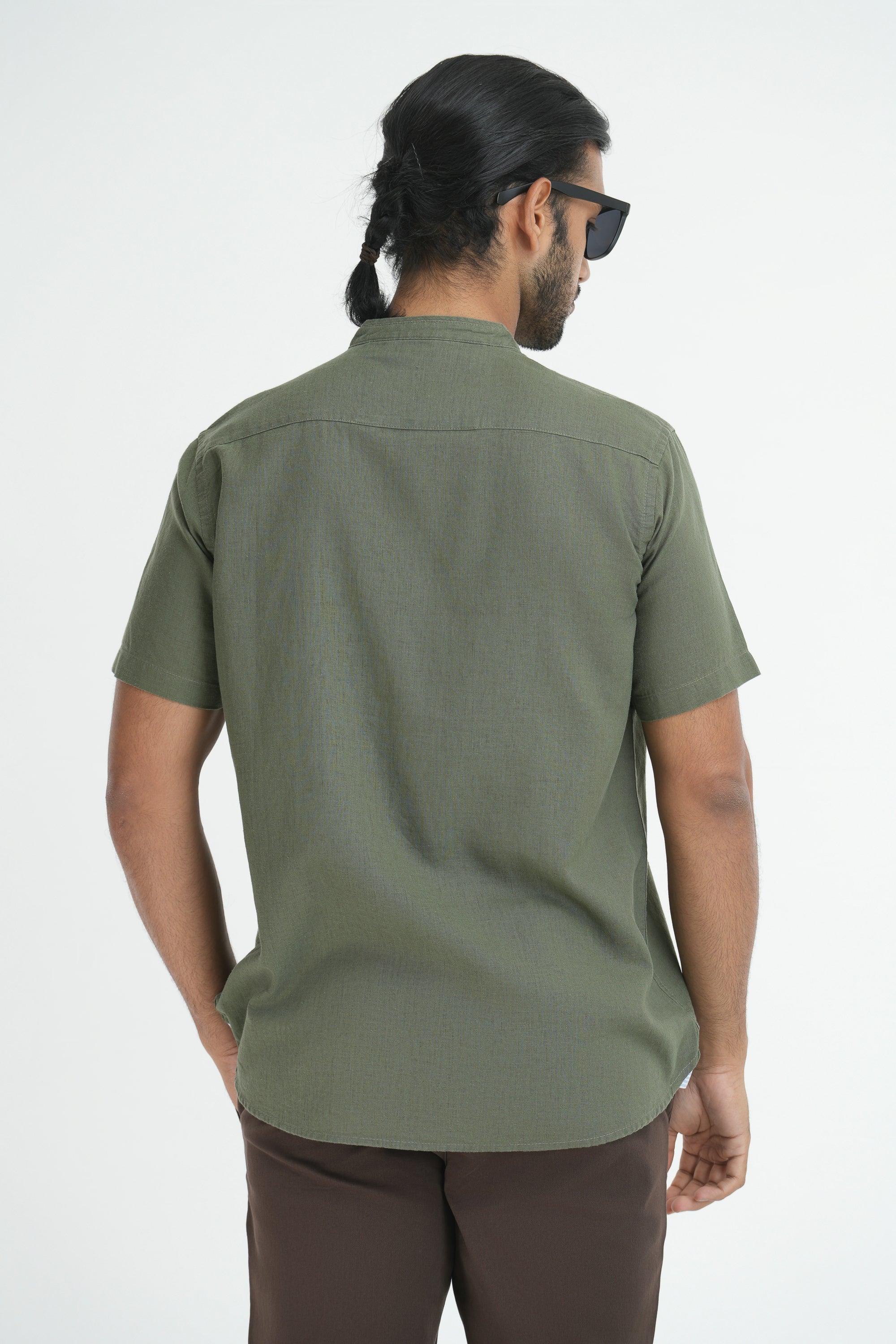 Linen Cotton Chinese Collar Shirt - Olive