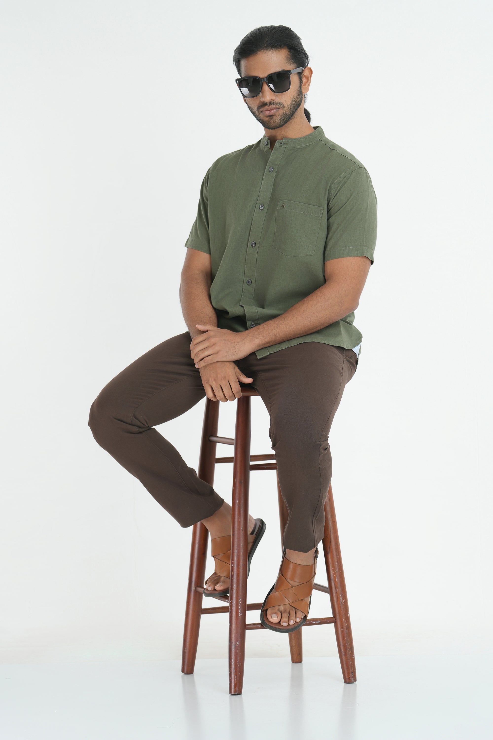 Linen Cotton Chinese Collar Shirt - Olive