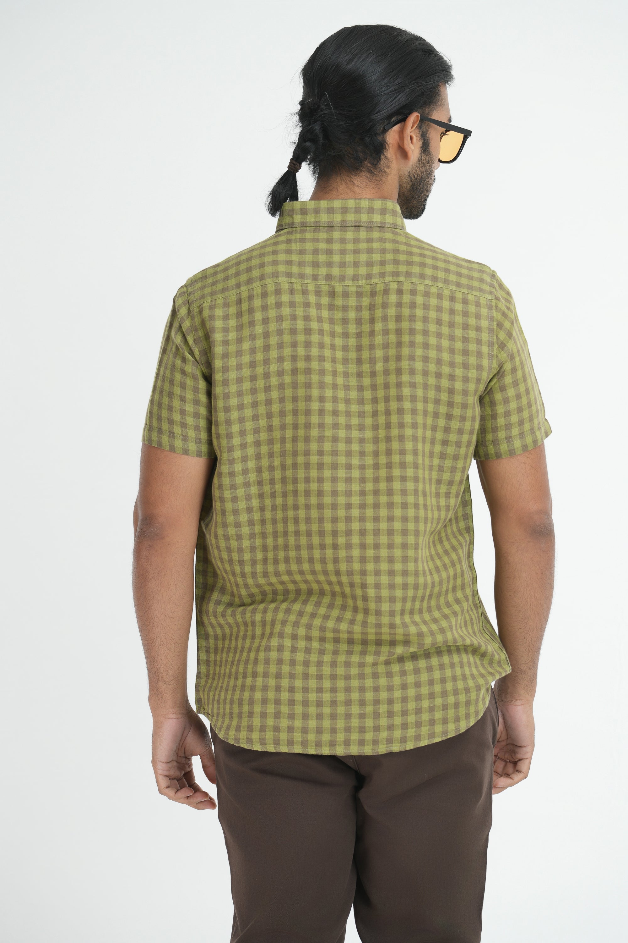 Linen Cotton Checks Shirt - Olive