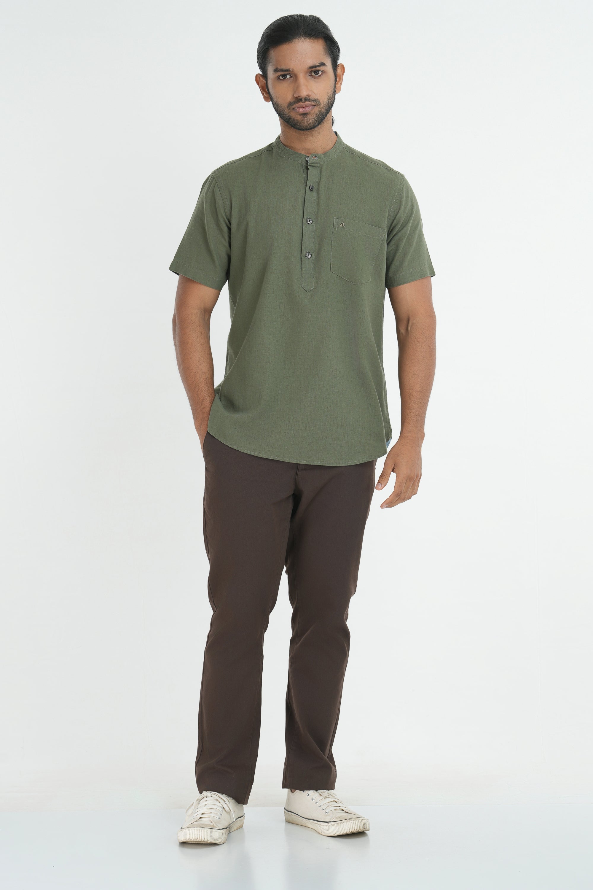 Traditional Linen Cotton Kurta - Olive