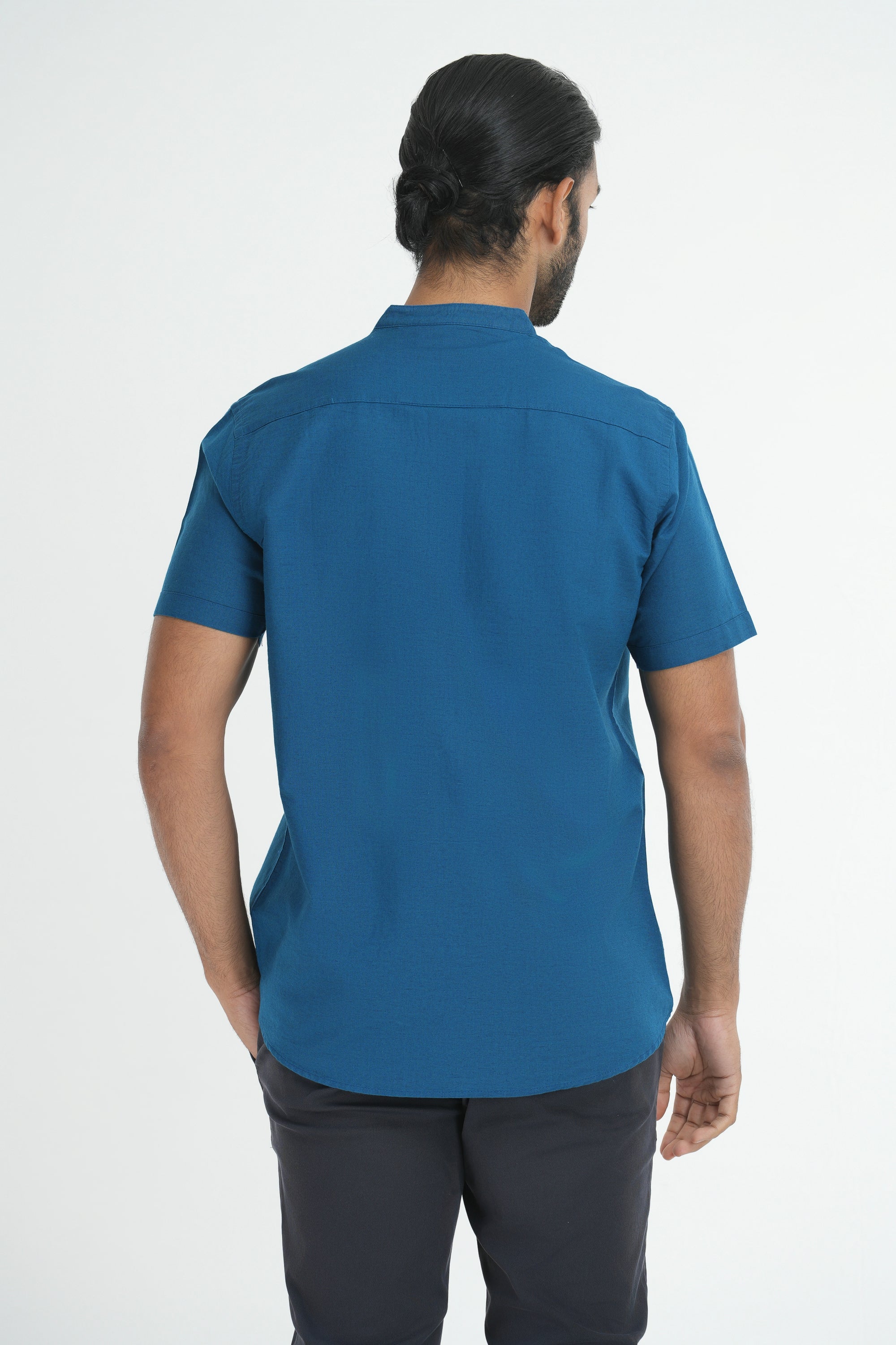 Classic Linen Cotton Mandarin Collar Shirt - Blue