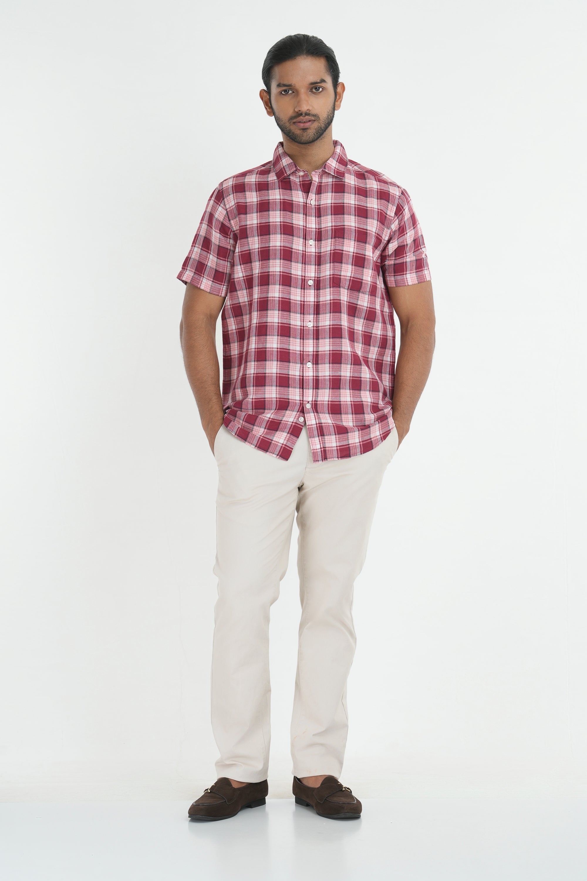 Linen Cotton Checks Shirt - Maroon
