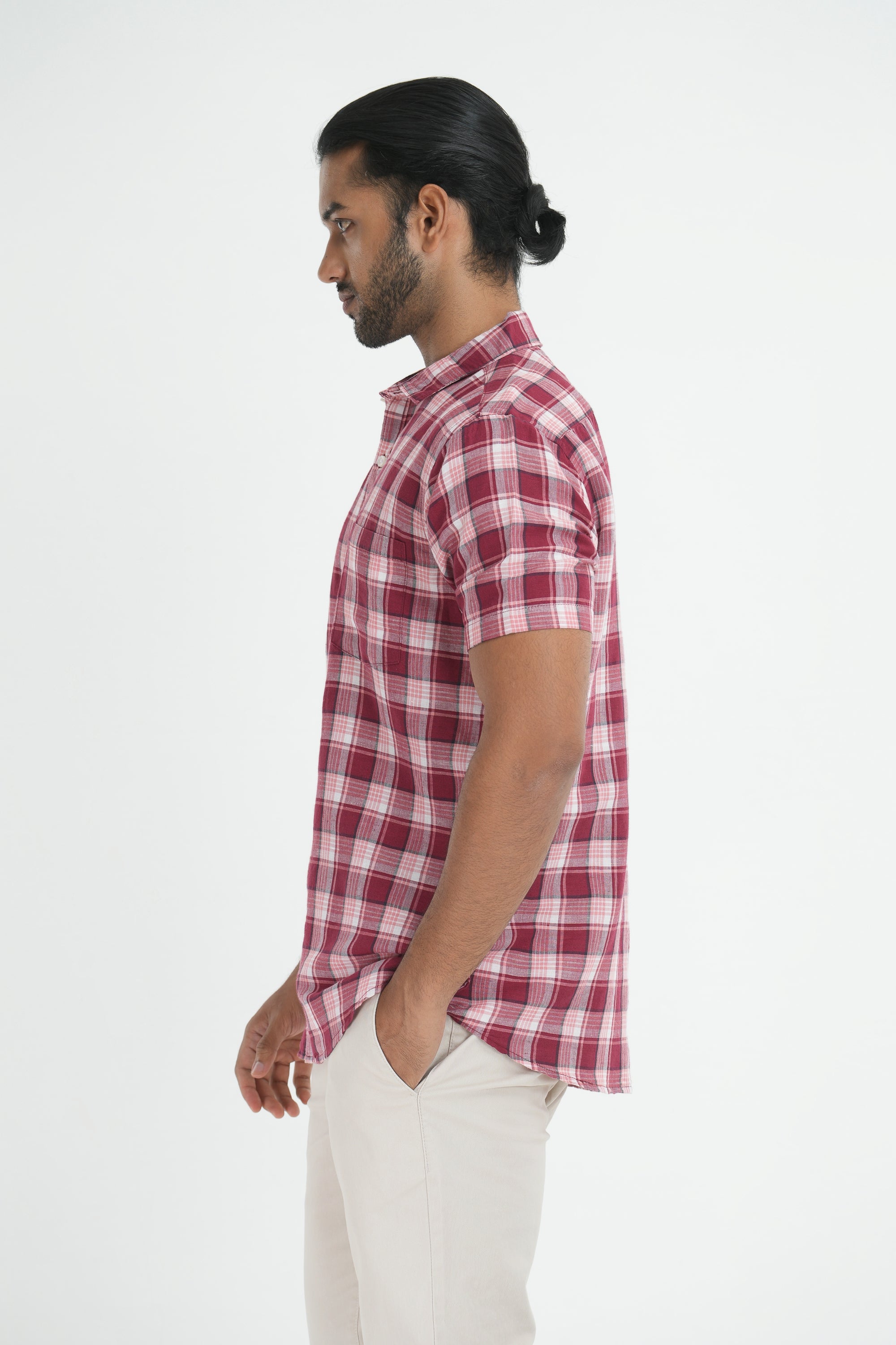 Linen Cotton Checks Shirt - Maroon