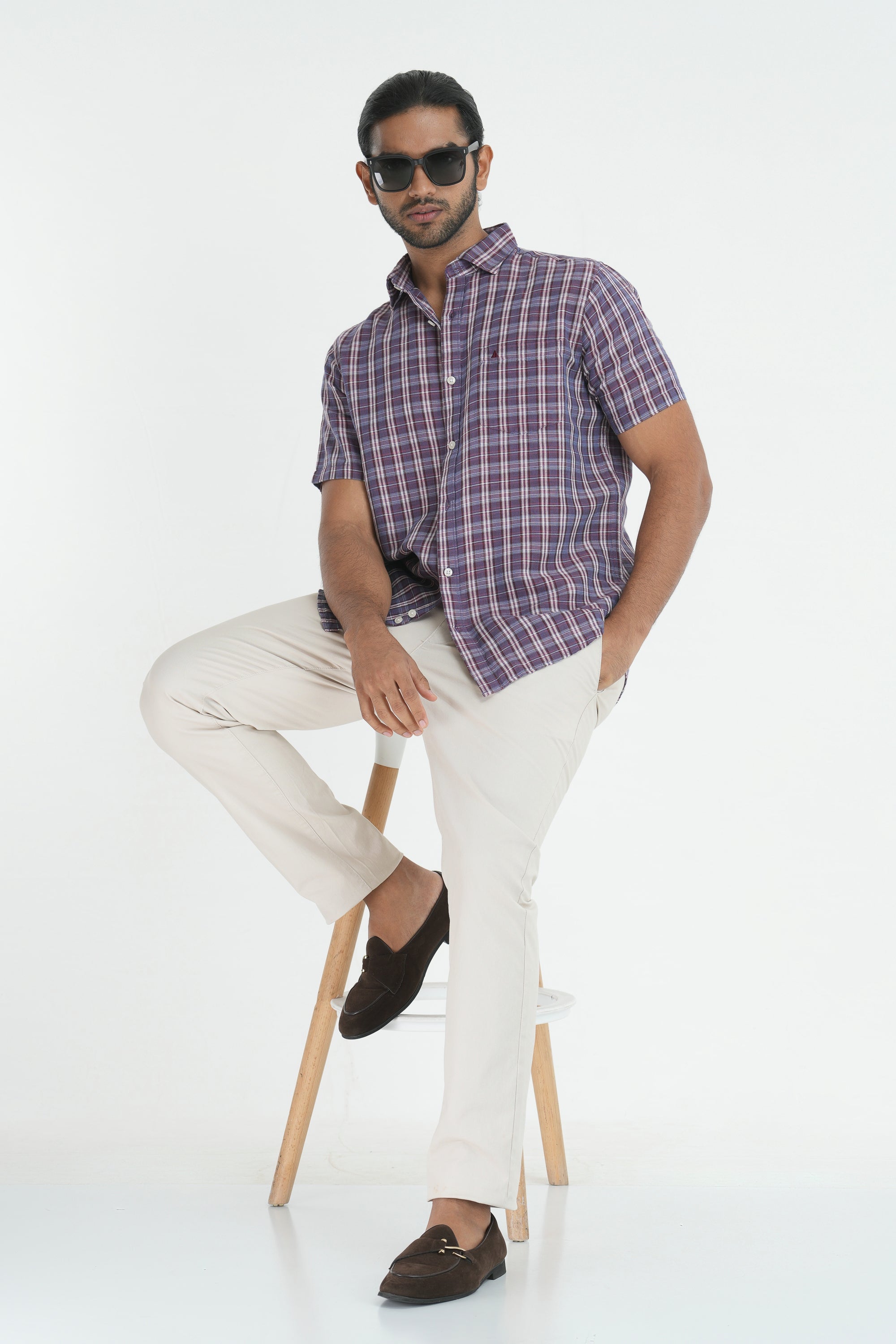 Linen Cotton Checks Shirt - Maroon