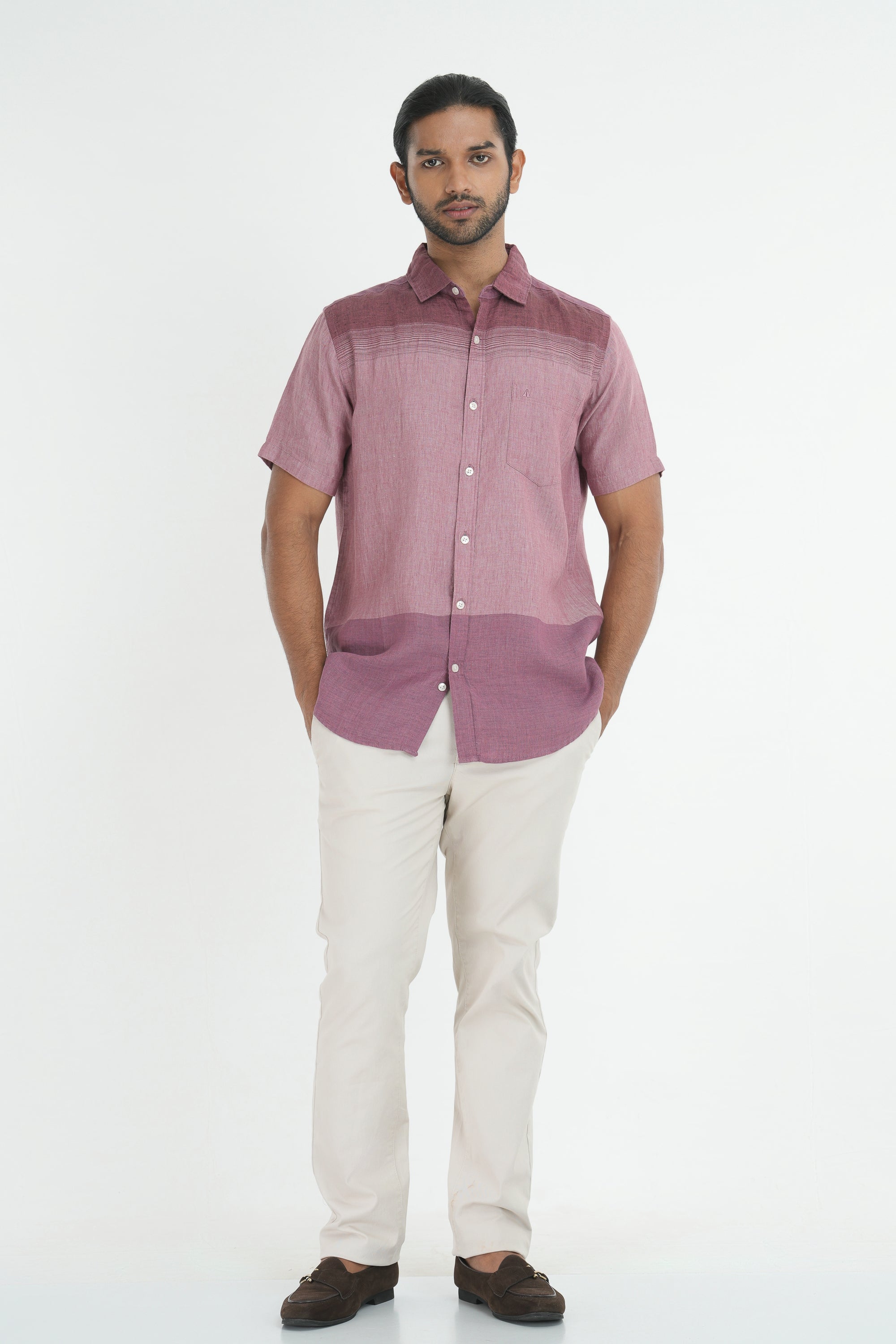 100% Linen Stripes Shirt - Maroon