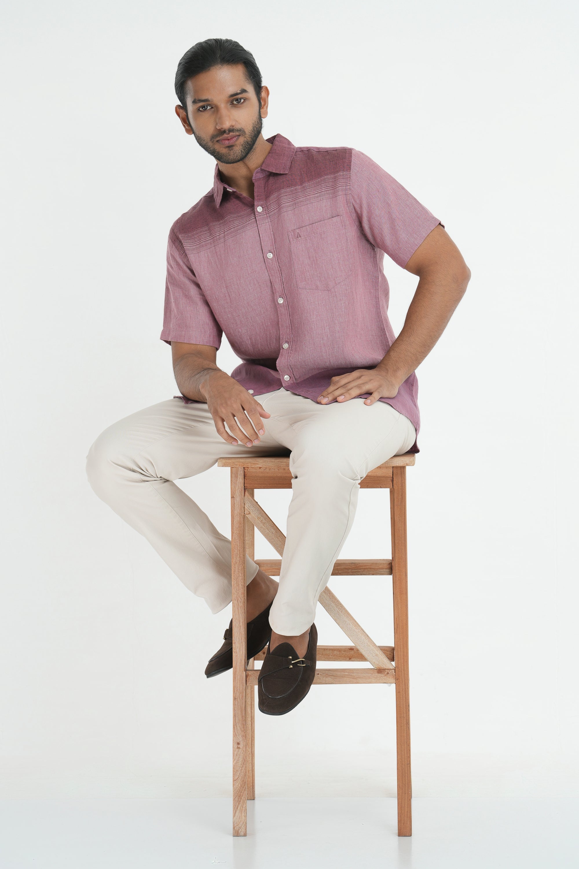 100% Linen Stripes Shirt - Maroon
