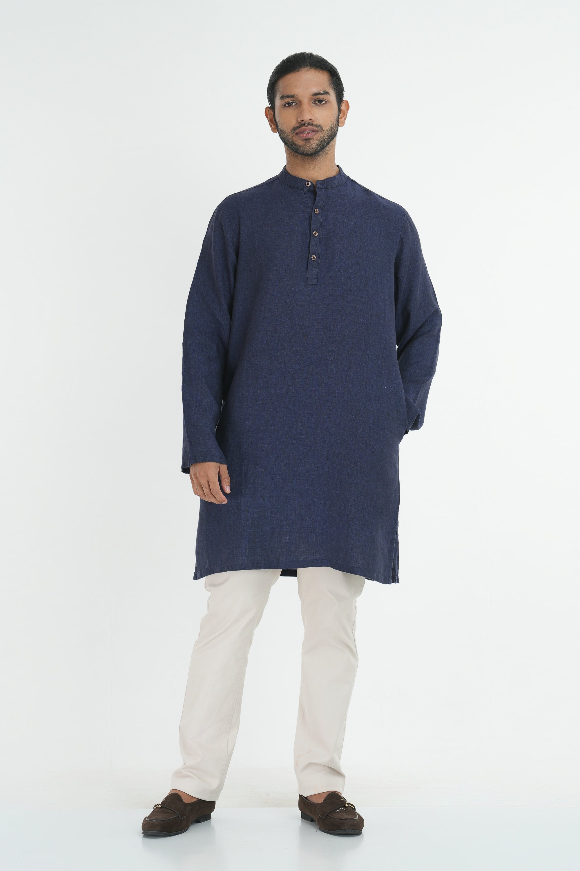Premium Linen-Hemp Kurtha - Navy