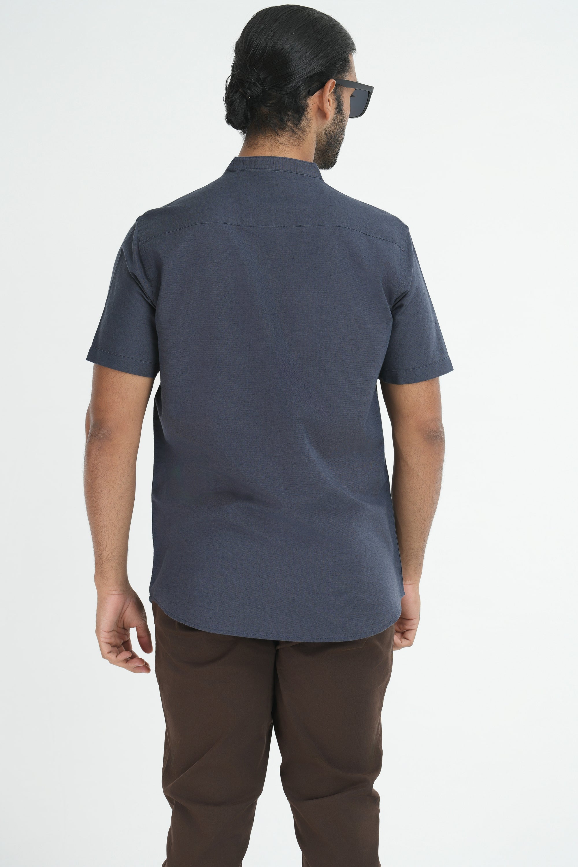 Classic Linen Cotton Mandarin Collar Shirt - Dark grey