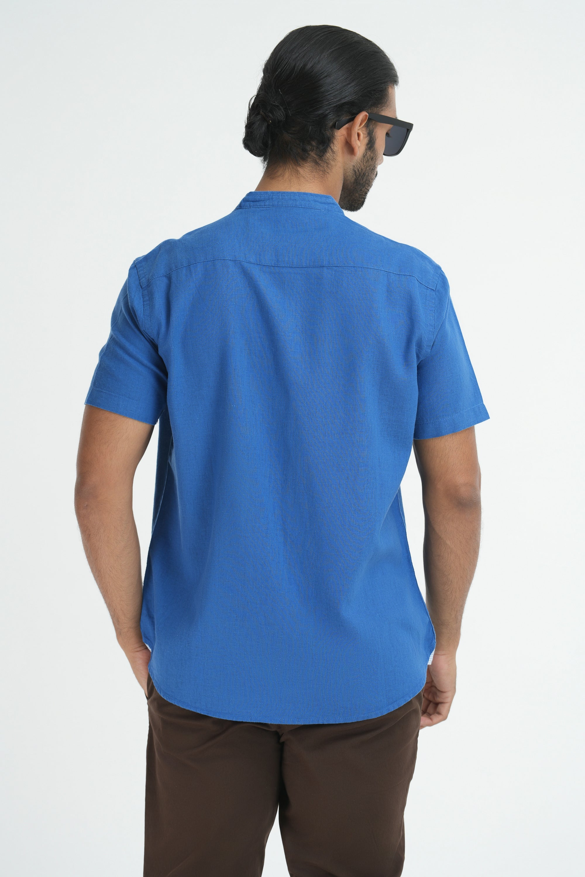 Linen Cotton Chinese Collar Shirt - Blue