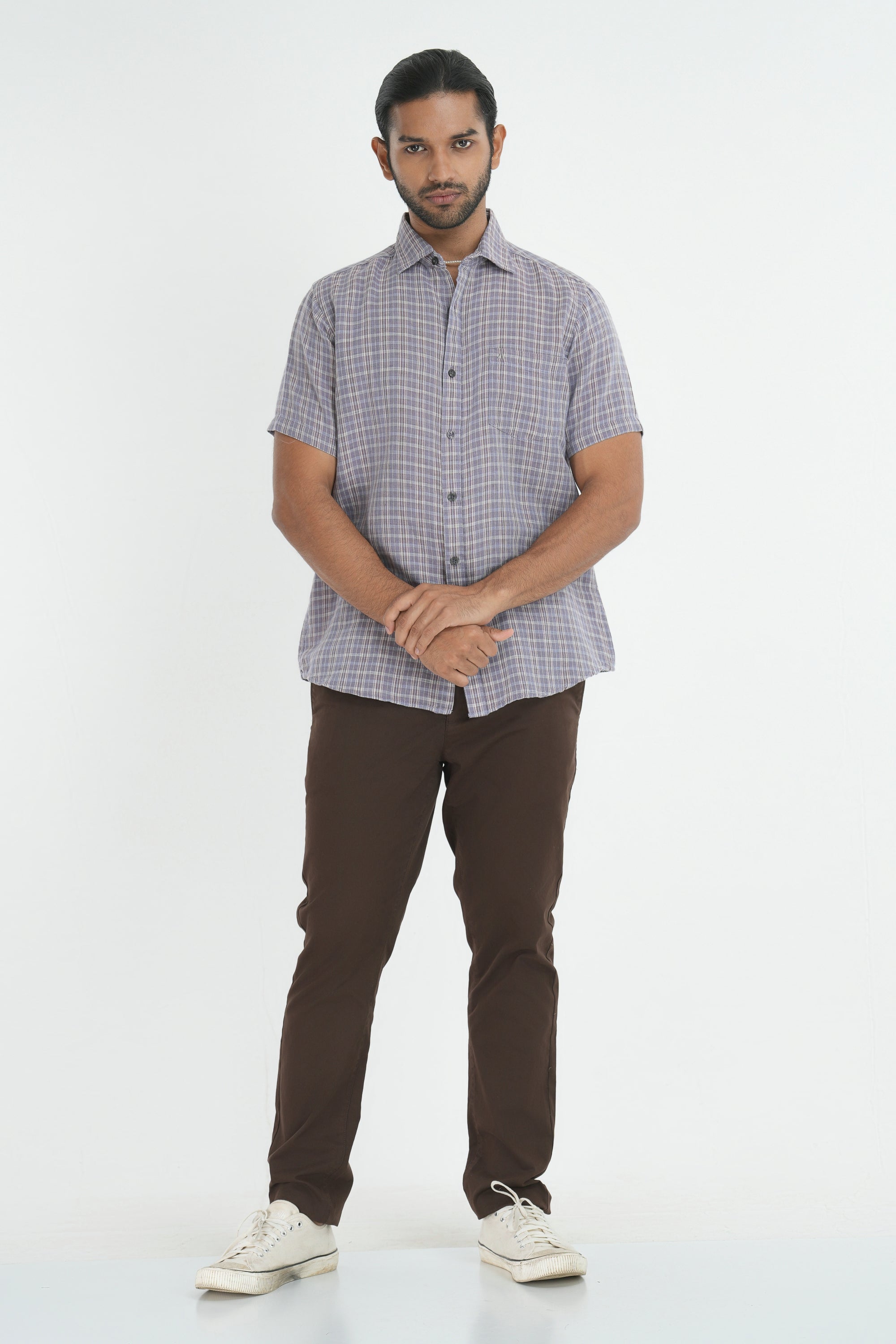 Linen Cotton Checks Shirt - Brown