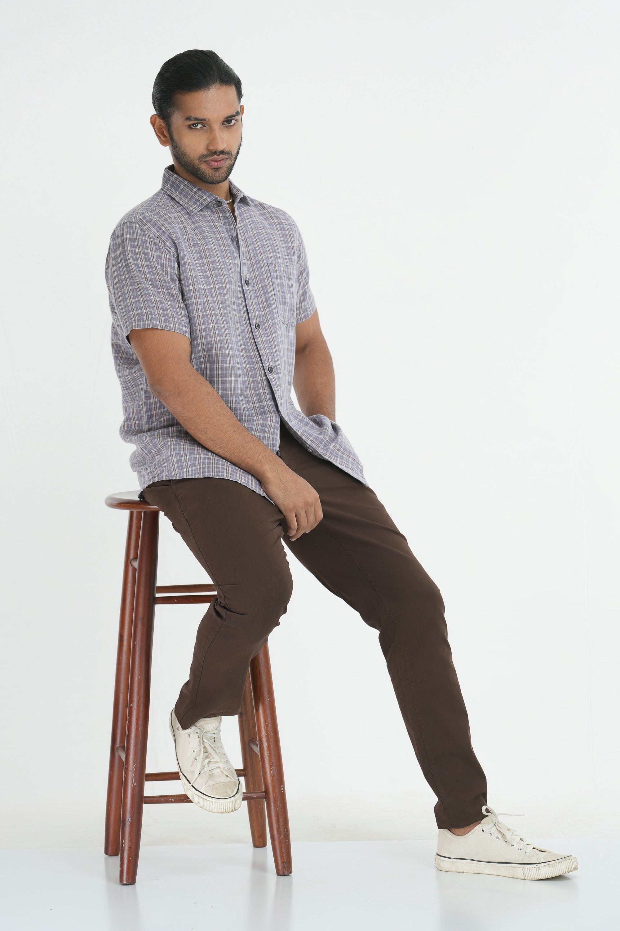 Linen Cotton Checks Shirt - Brown