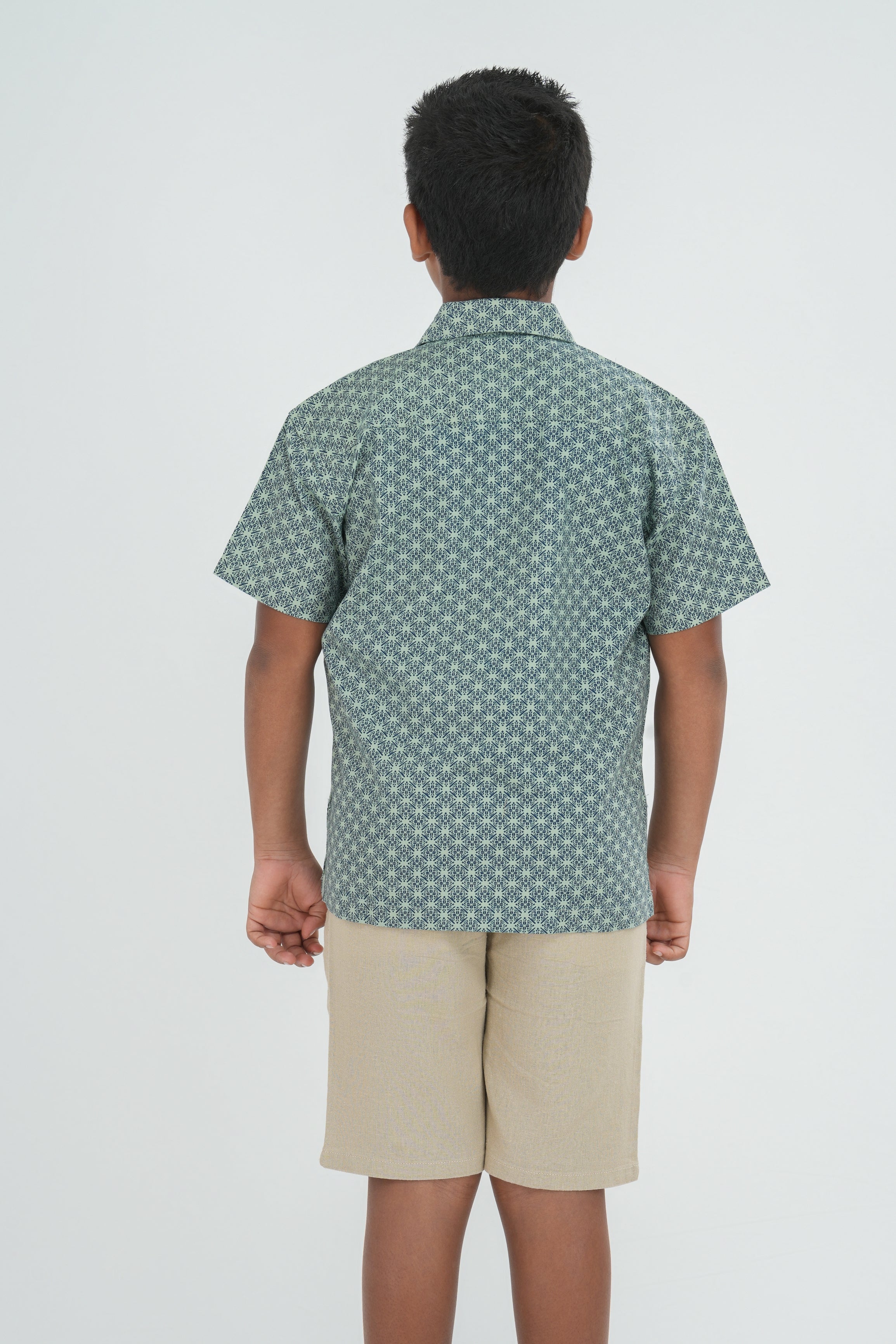 Kids' Printed Cotton Shirt – Cuban Collar, Light Green | AnationZ Junior