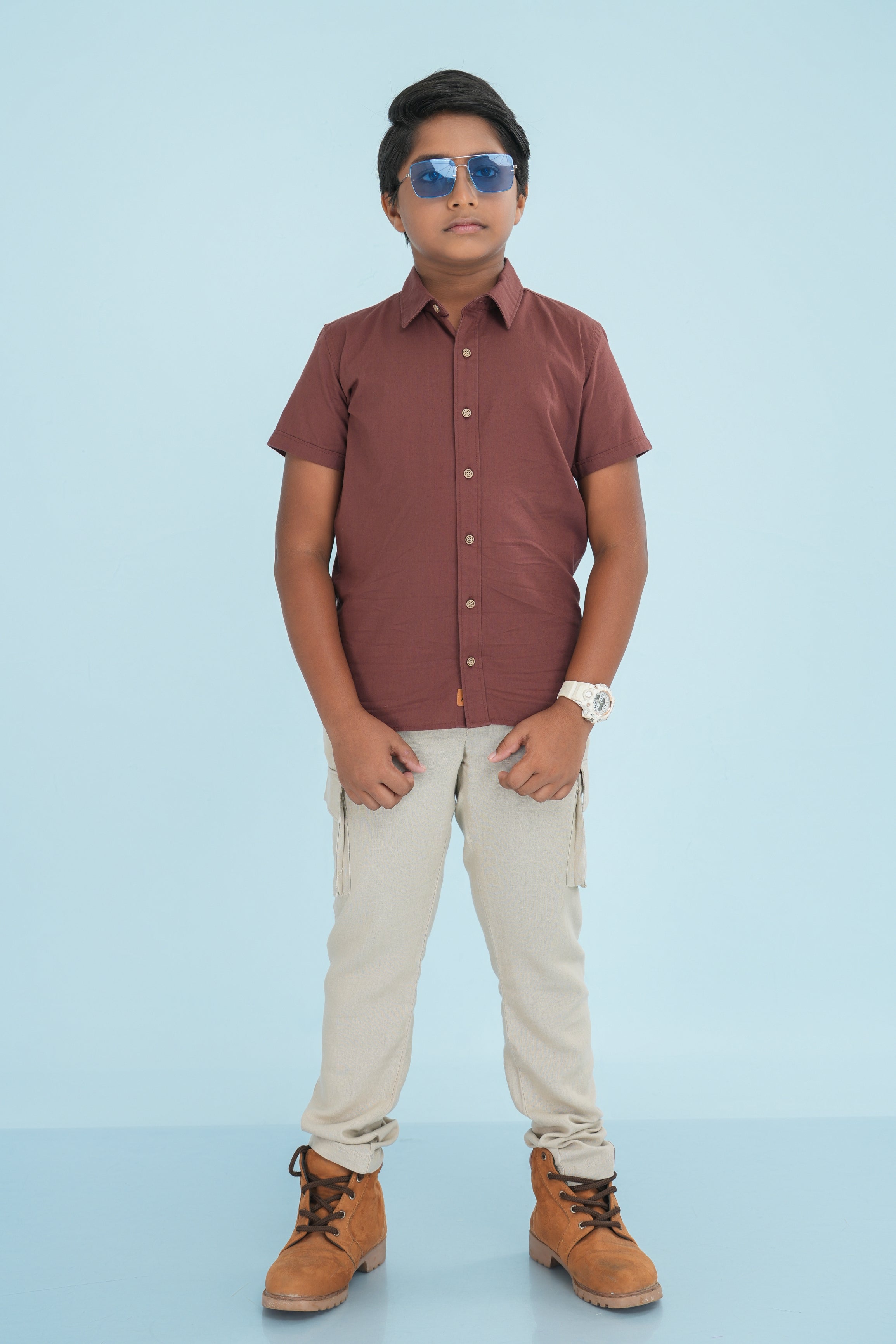 Kids' Normal Collar Linen Cotton Shirt – Brown | AnationZ Junior