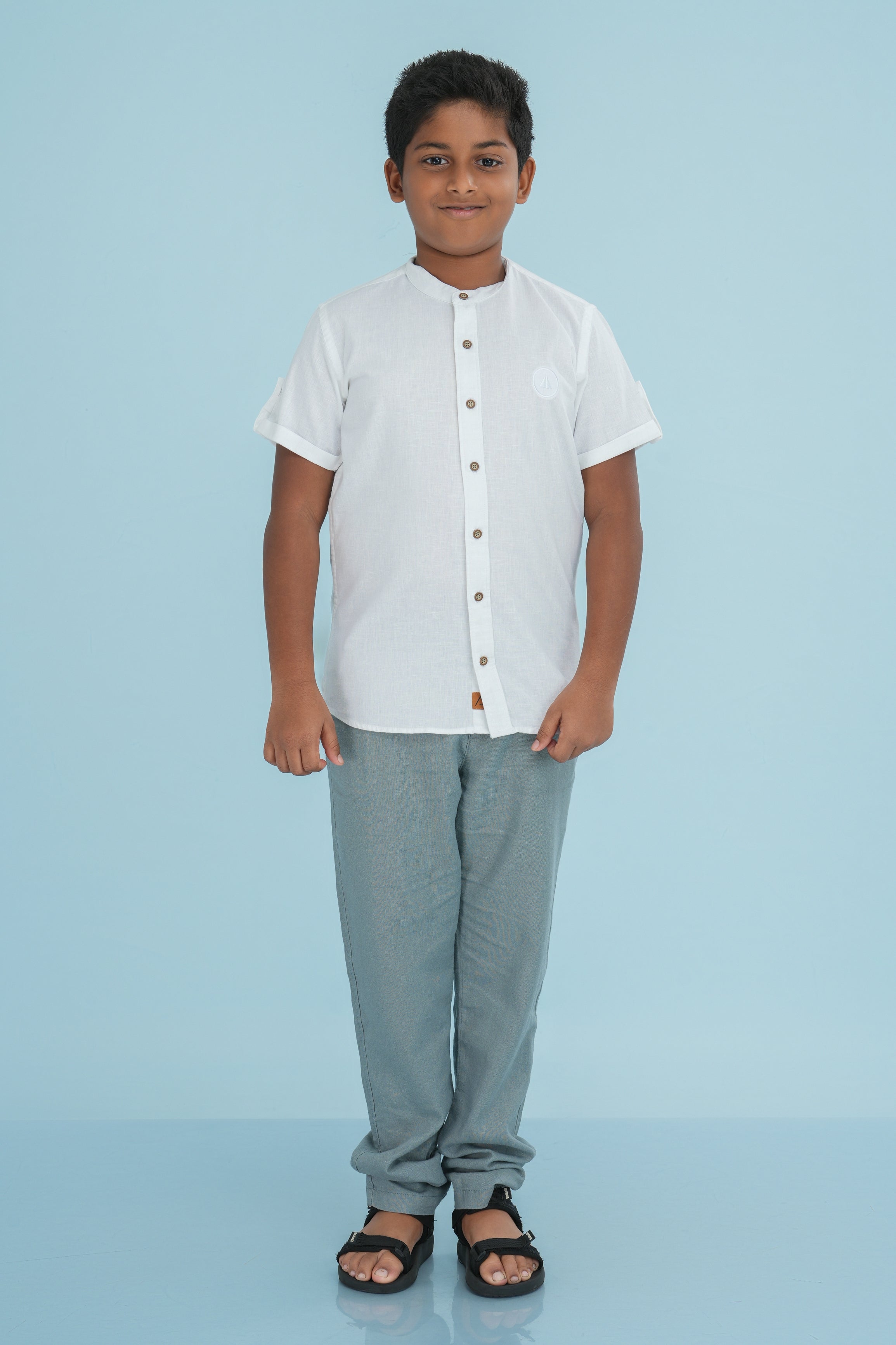 Kids' Chinese Collar Linen Cotton Shirt – White | AnationZ Junior
