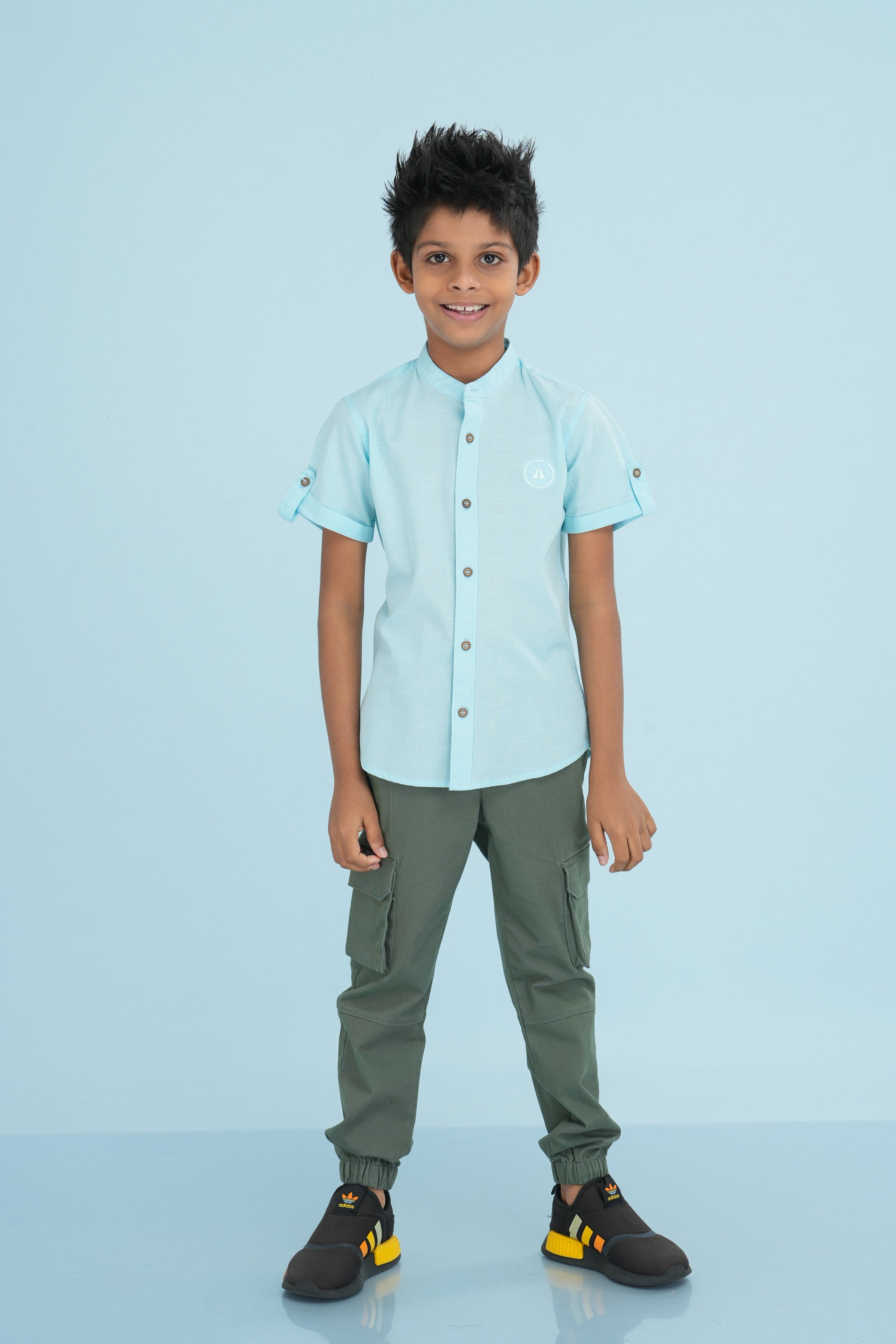Kids' Slub Cotton Shirt with Sleeve Detail – Light Blue | AnationZ Junior