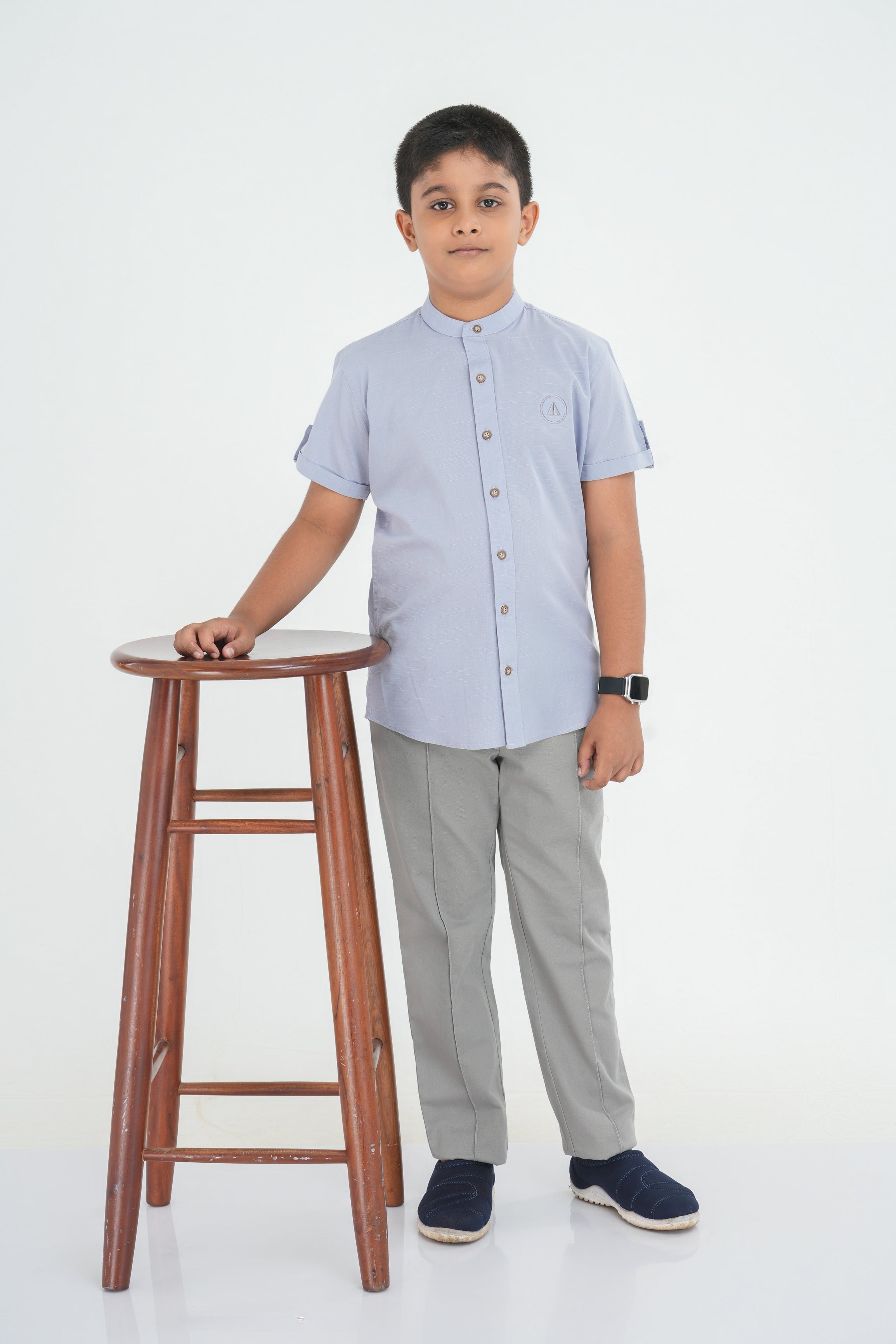 Kids' Slub Cotton Shirt with Sleeve Detail – Light Grey | AnationZ Junior