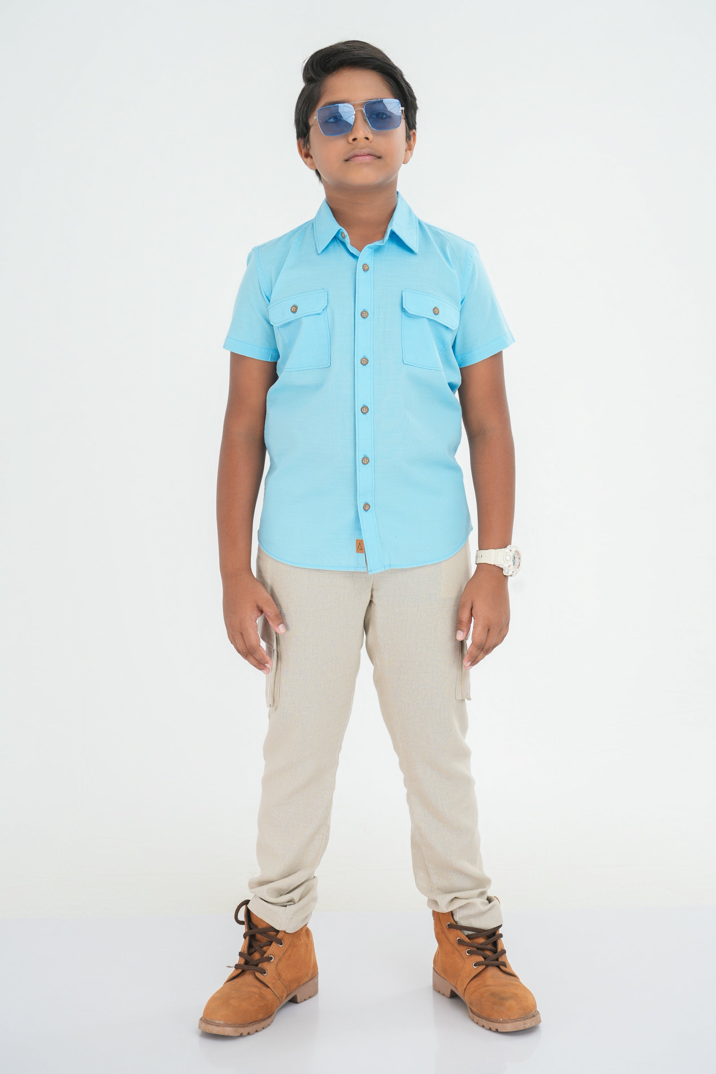 Kids' Cotton Shirt with Double Pocket Flap – Light Teal Blue | AnationZ Junior