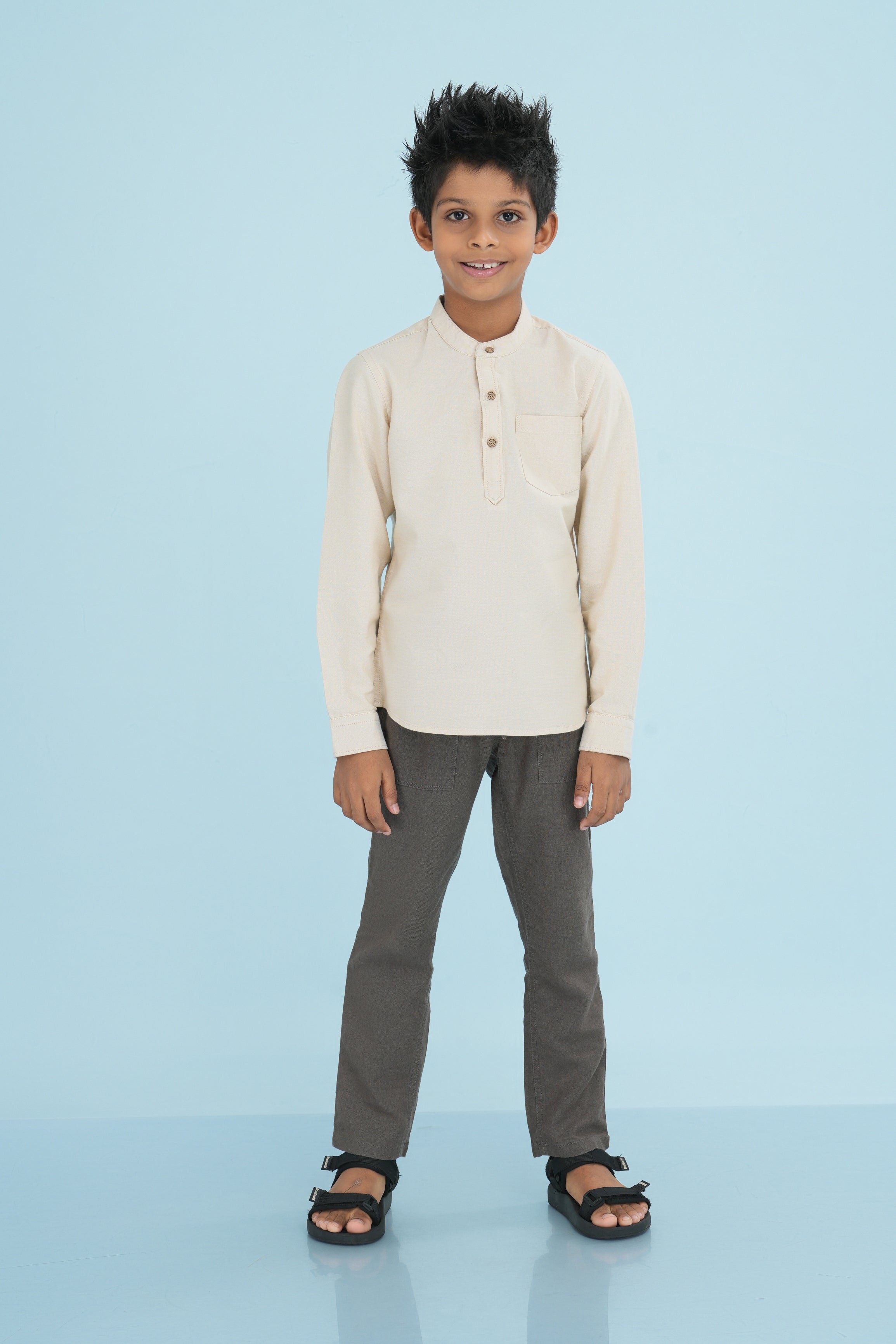 Kids' Oxford Cotton Long Sleeve Kurtha – Beige | AnationZ Junior