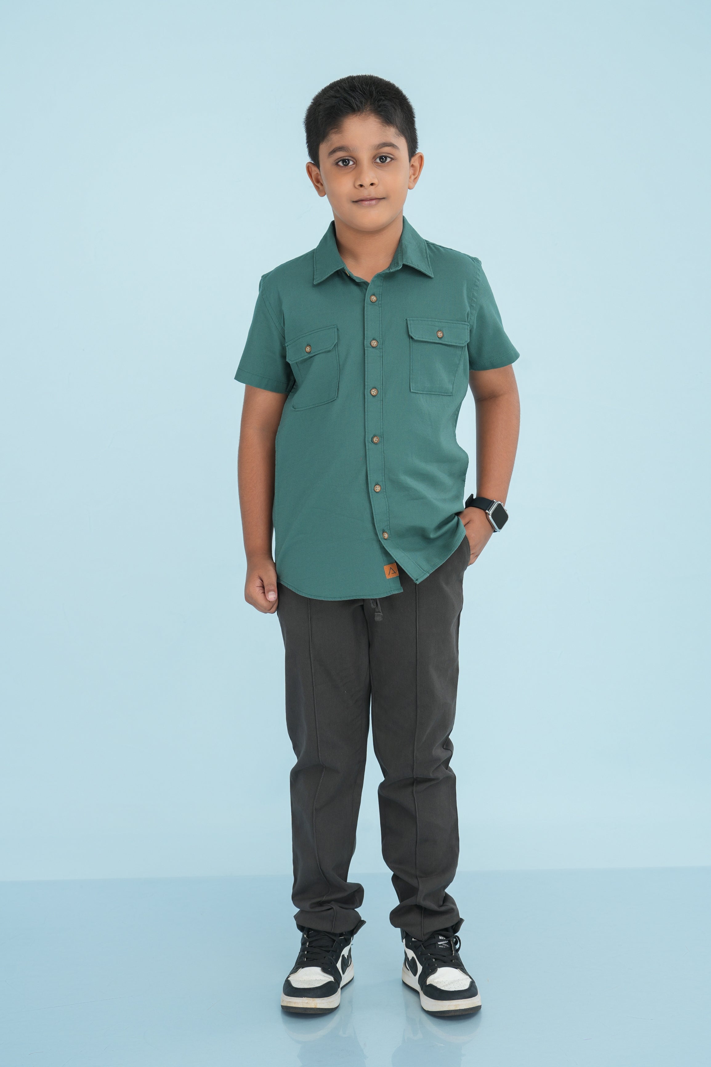 Kids' Normal Collar Cotton Shirt – Dark Green | AnationZ Junior