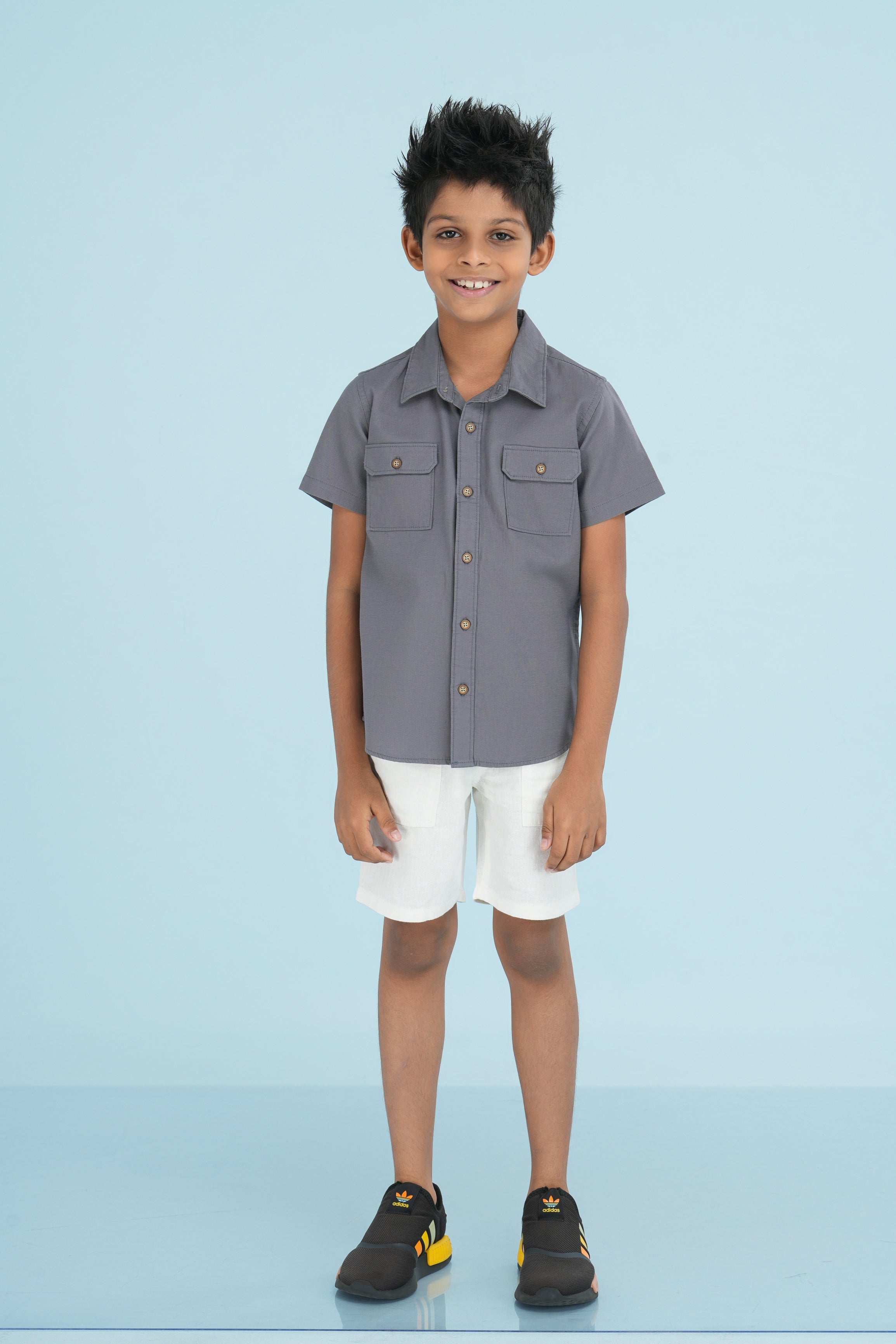 Kids' Double Pocket Cotton Shirt – Charcoal Grey | AnationZ Junior