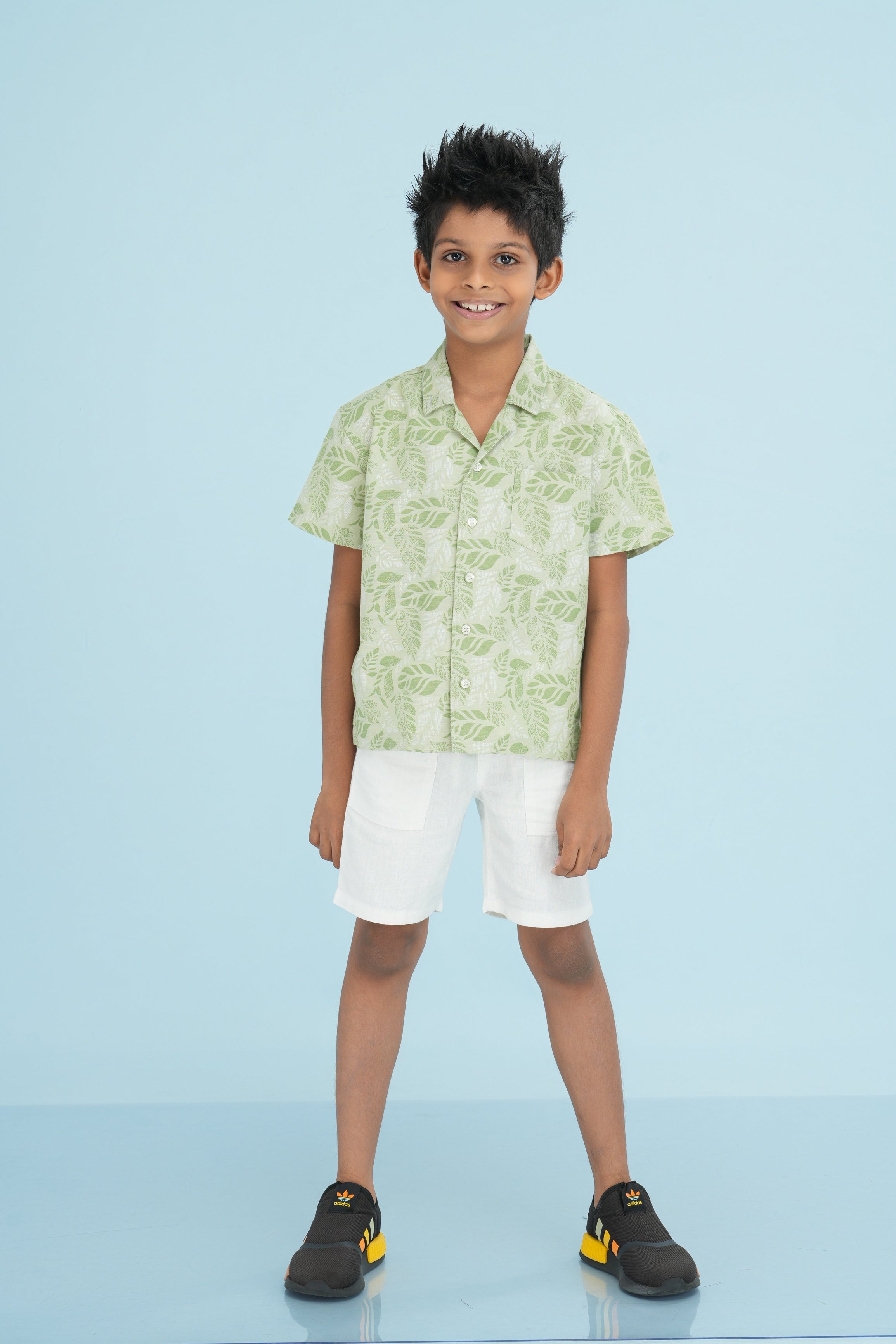 Kids' Printed Cuban Collar Cotton Shirt – Light Green | AnationZ Junior