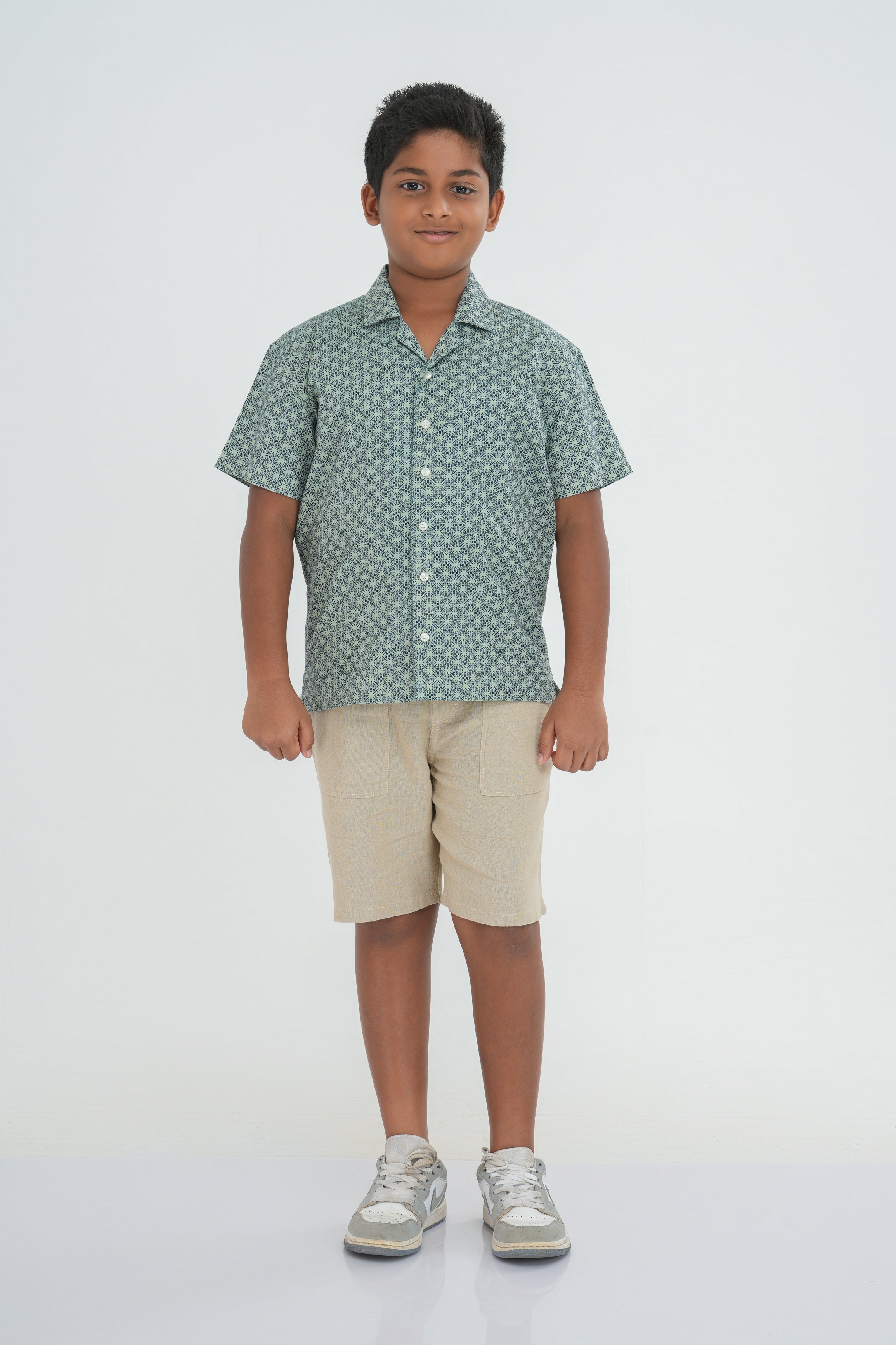 Kids' Printed Cotton Shirt – Cuban Collar, Light Green | AnationZ Junior
